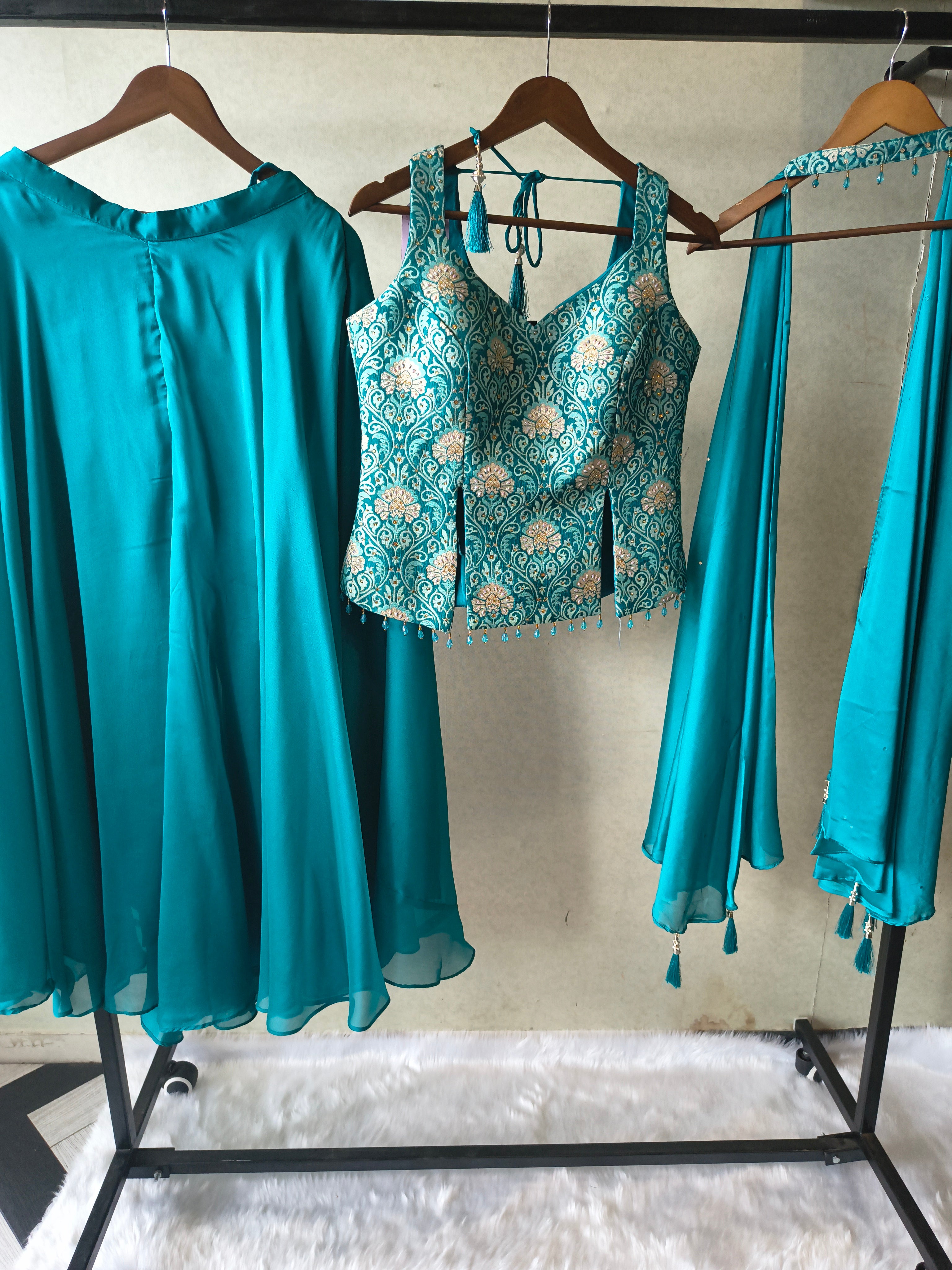 Image of Premium Turquoise Blue 3-Piece Designer Lehenga Set with Brocade Embroidered Blouse & Tassel Dupatta