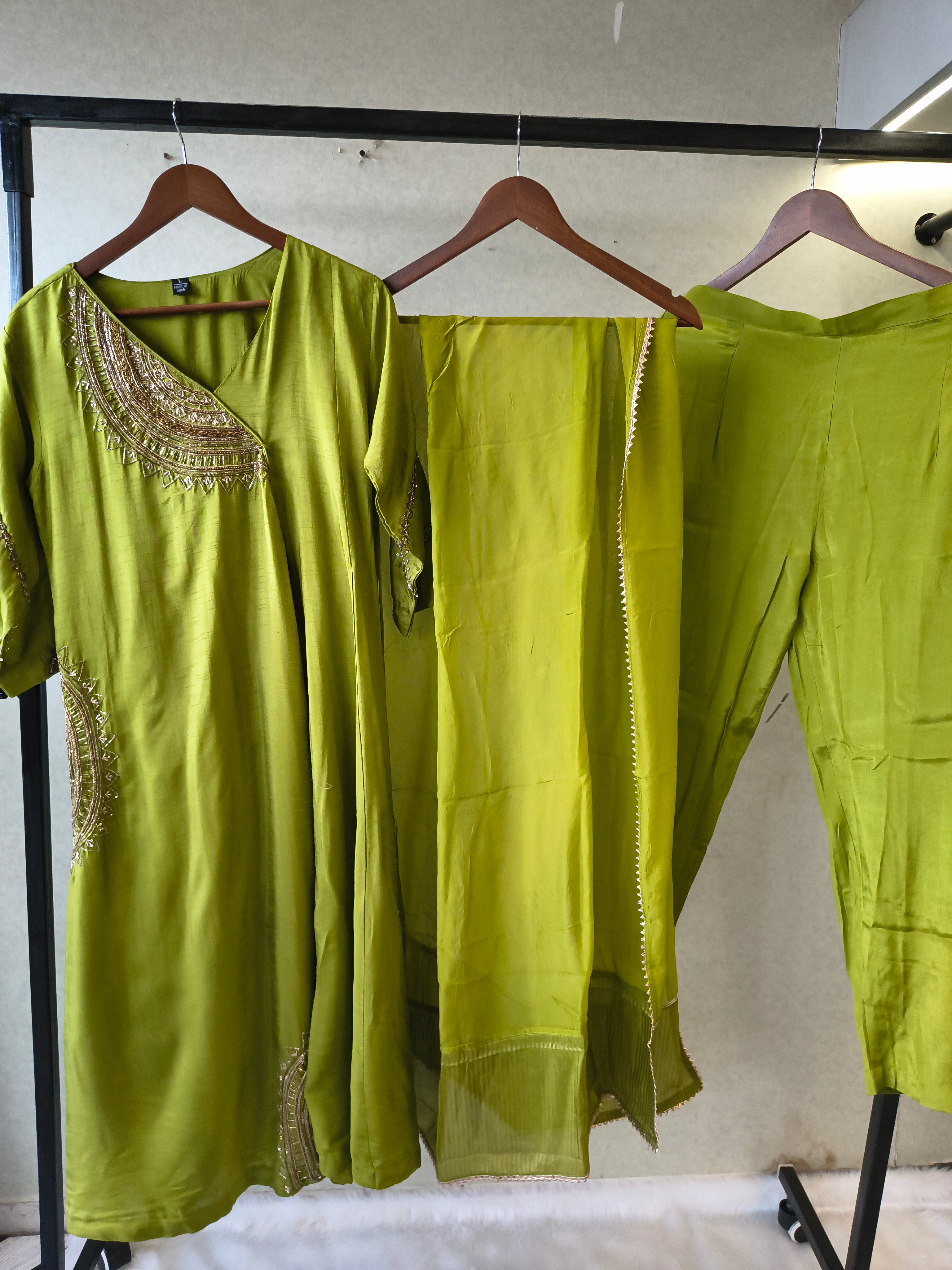 Image of Lime Green Hand-Embroidered Designer Kurta Set with Organza Dupatta | Premium 3 Piece Ethnic Suit