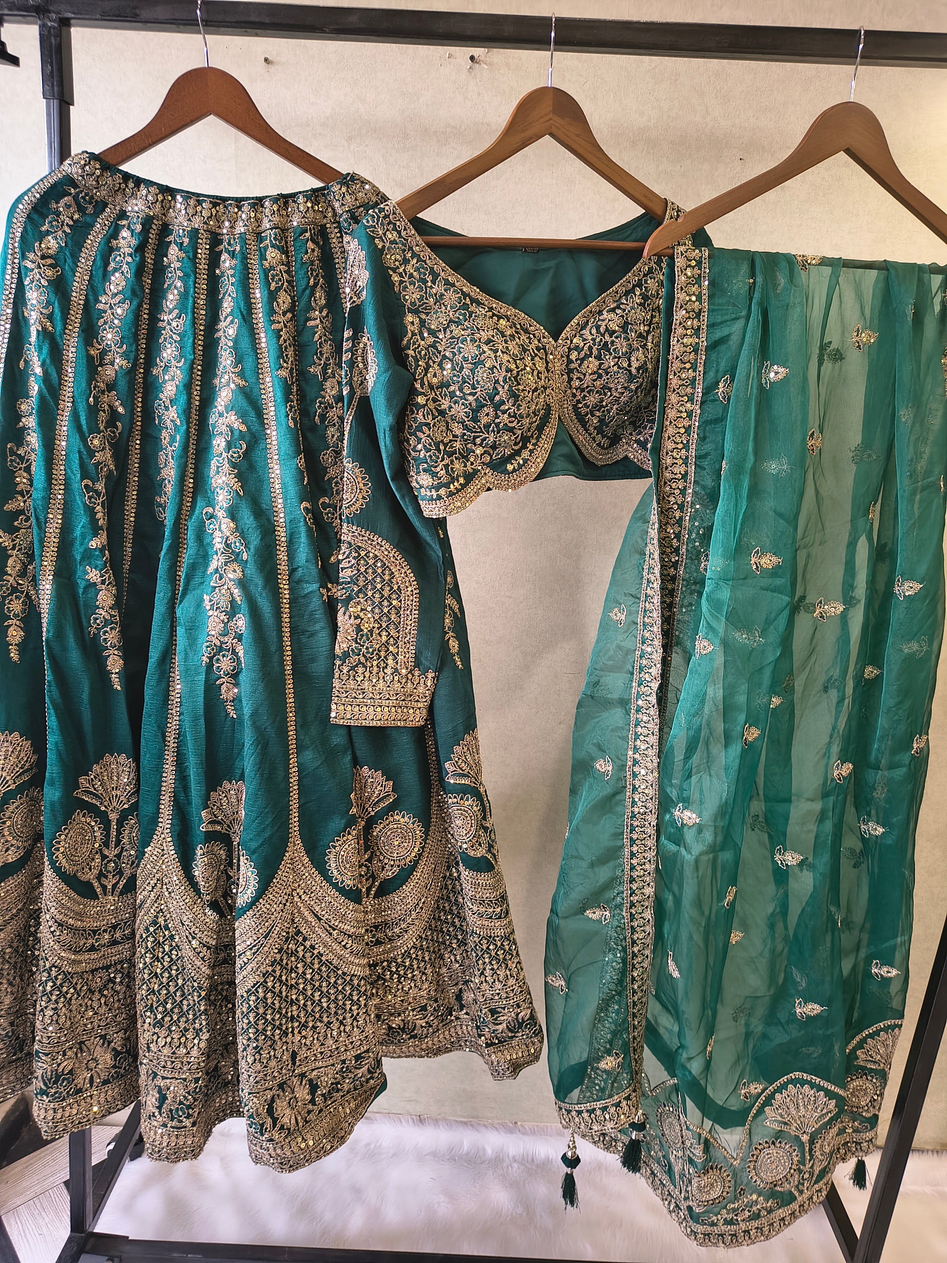 Image of Emerald Teal Heavy Embroidered Designer Lehenga Set with Bridal Blouse & Organza Dupatta | Premium Wedding Collection