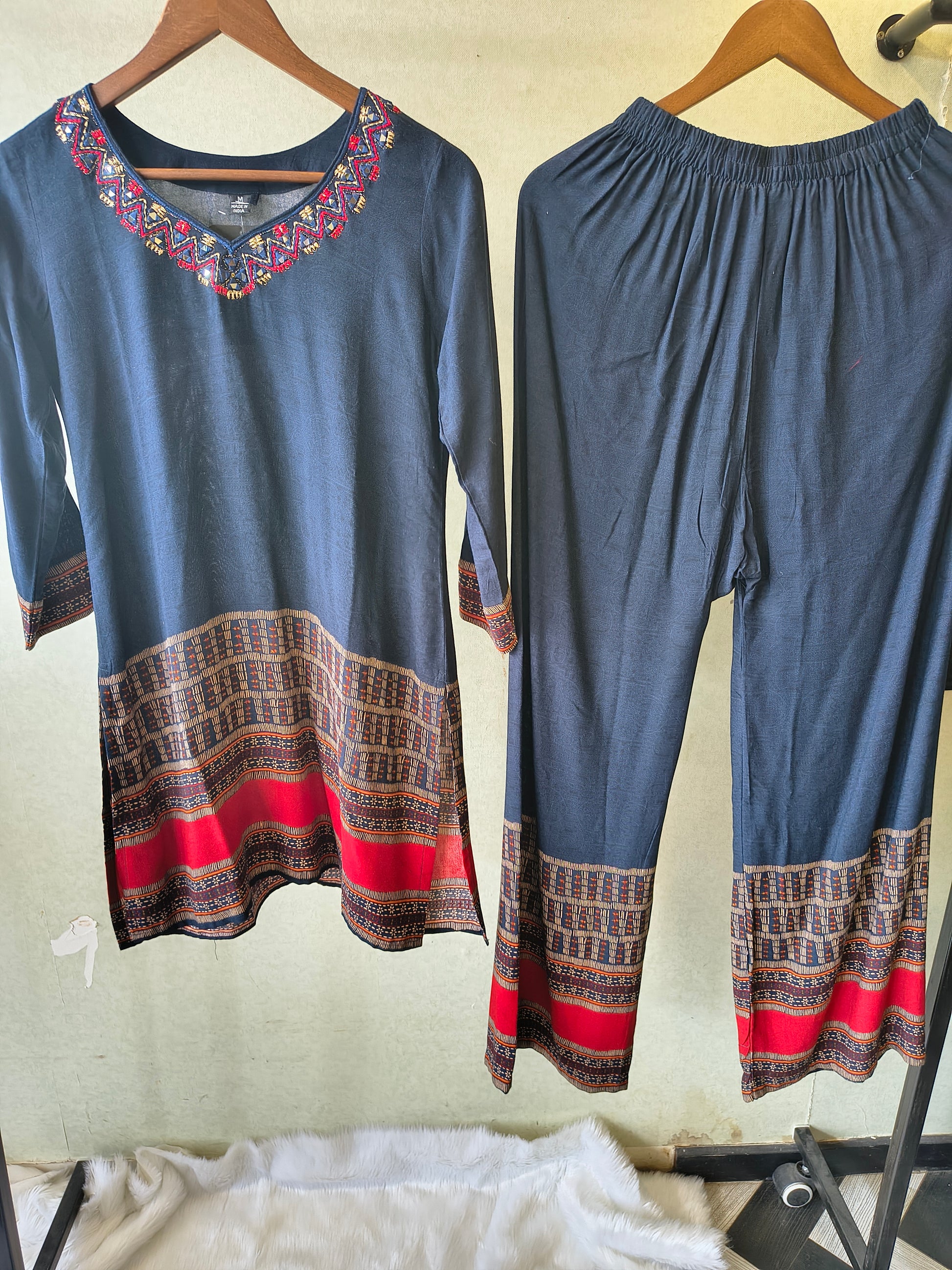 Navy Blue Ethnic Border Designer Co-Ord Set with Embroidered Neckline