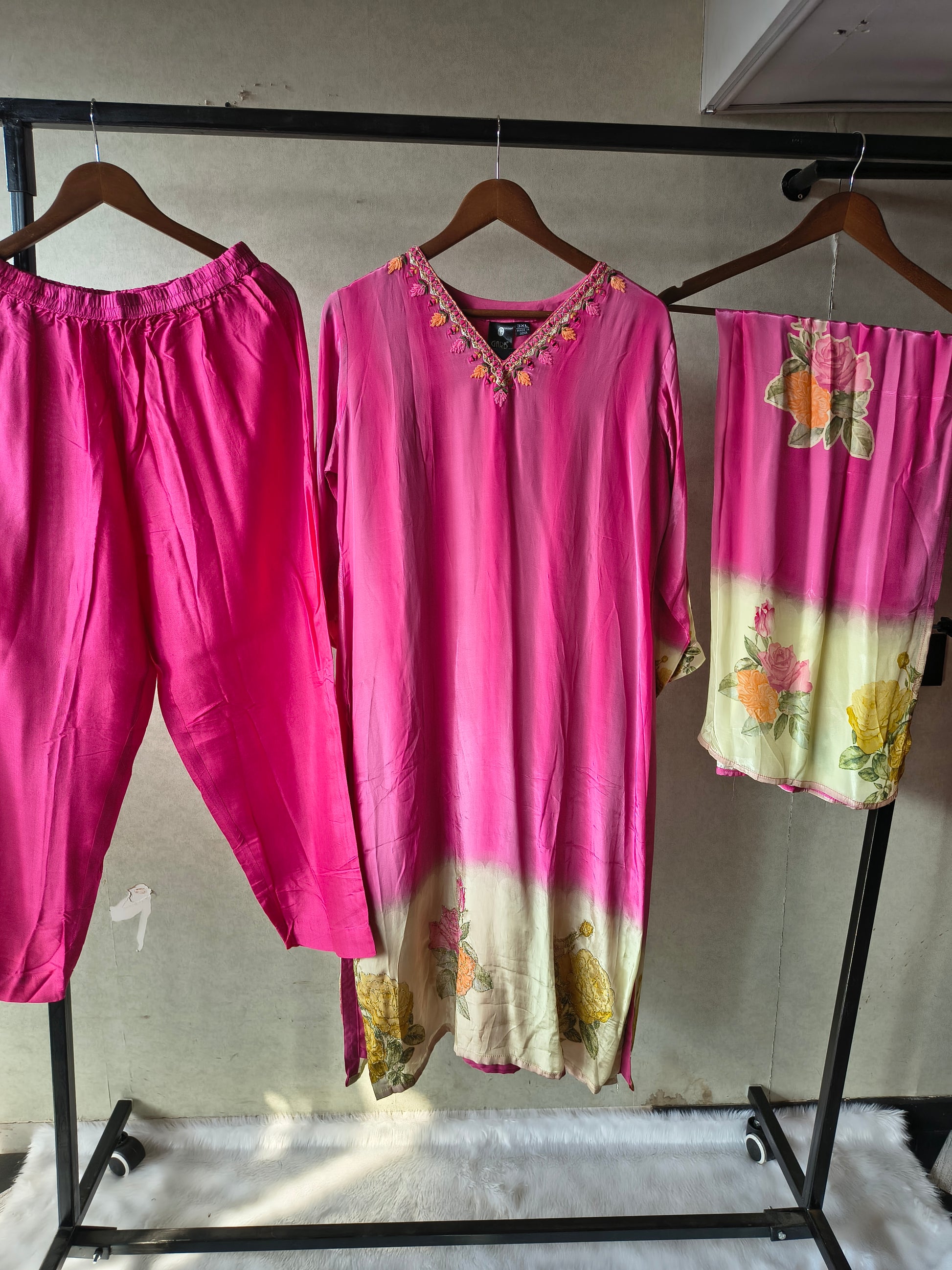 Premium Fuchsia Pink Floral Embroidered Kurta Set with Printed Dupatta