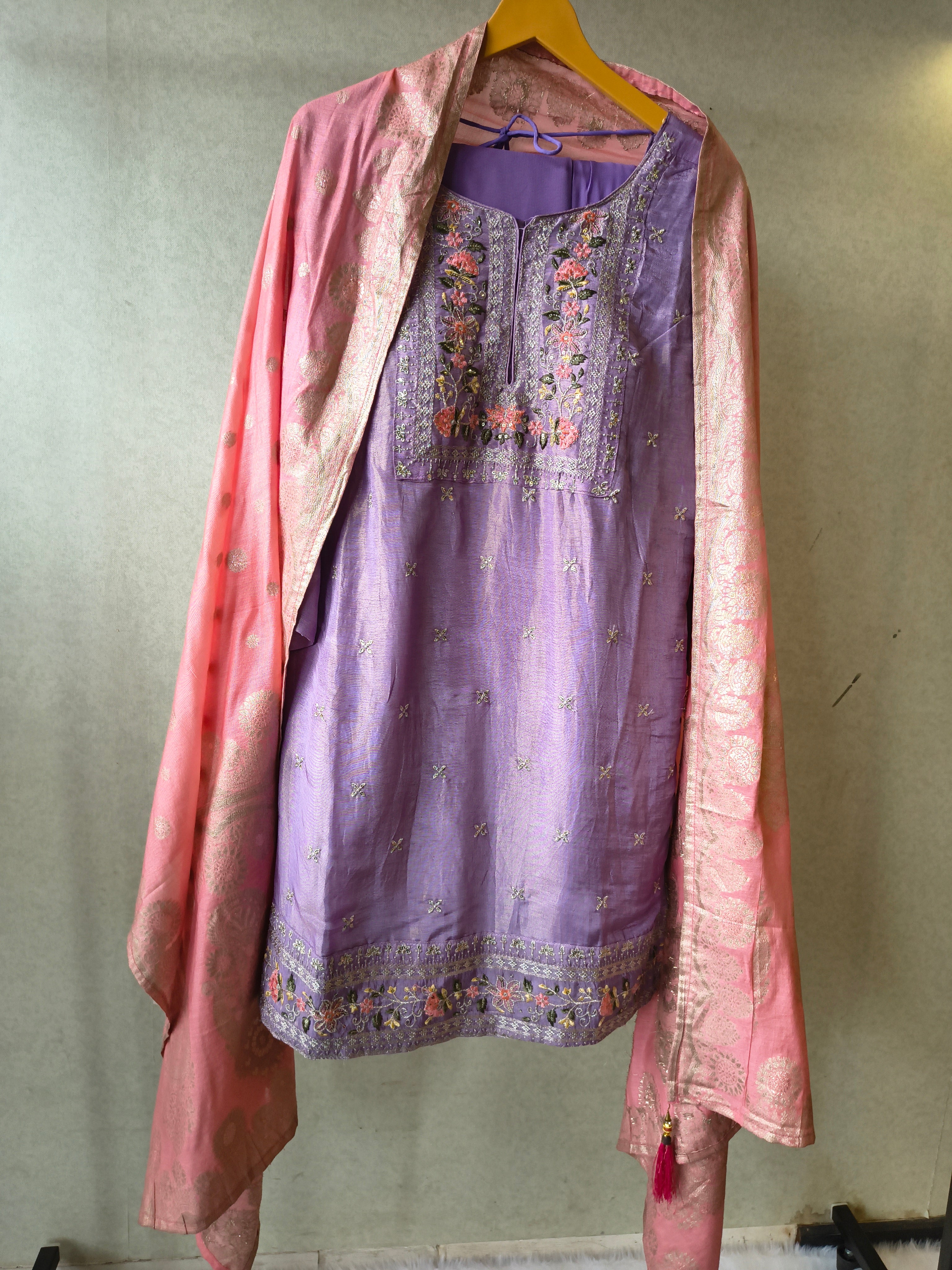 Image of Premium Lavender Embroidered Kurta with Sharara & Banarasi Dupatta Set
