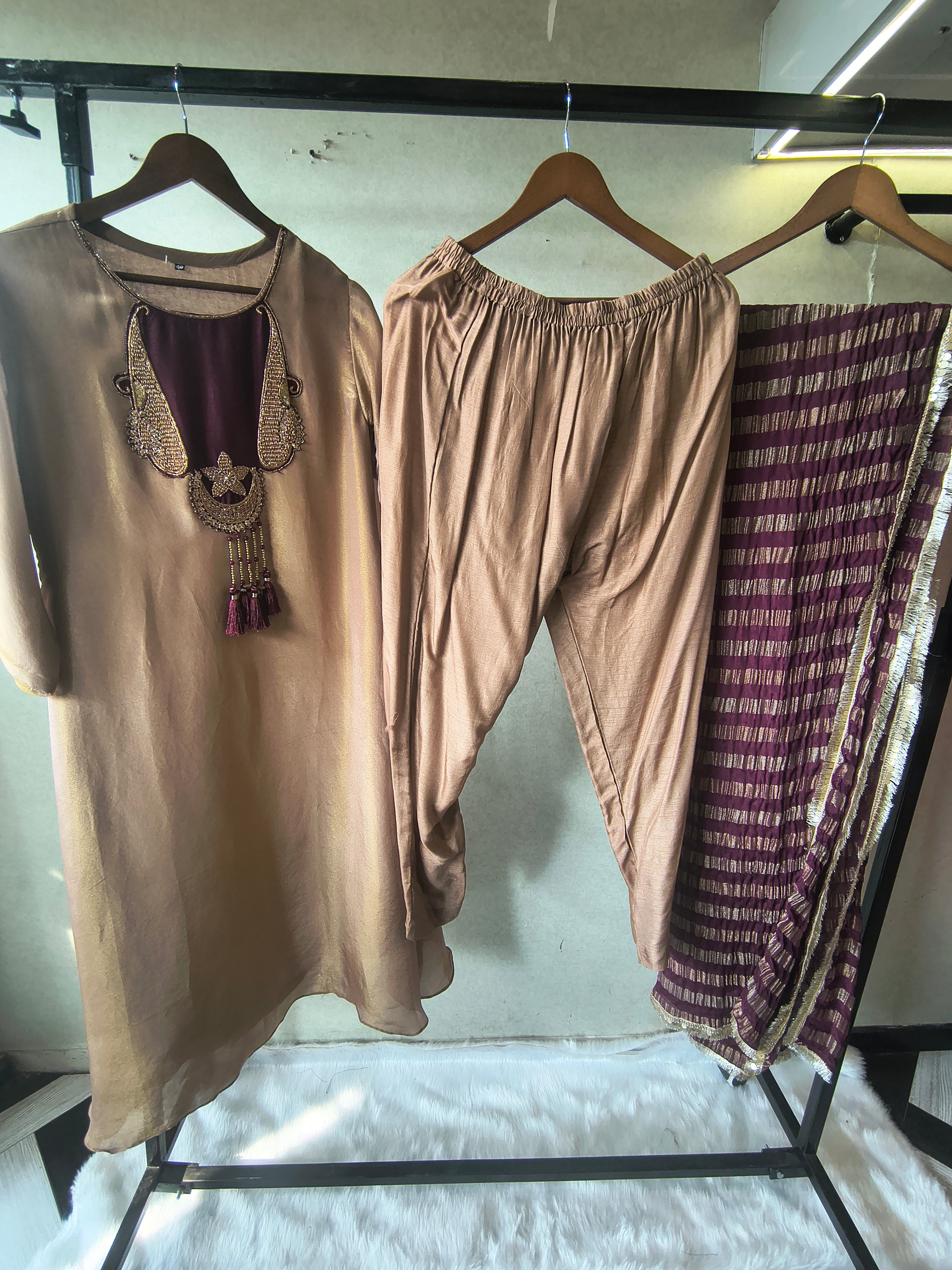 Image of Champagne Gold Silk Blend Kurta Set with Statement Hand-Embellished Neckline & Striped Designer Dupatta – Premium 3 Piece Ethnic Ensemble