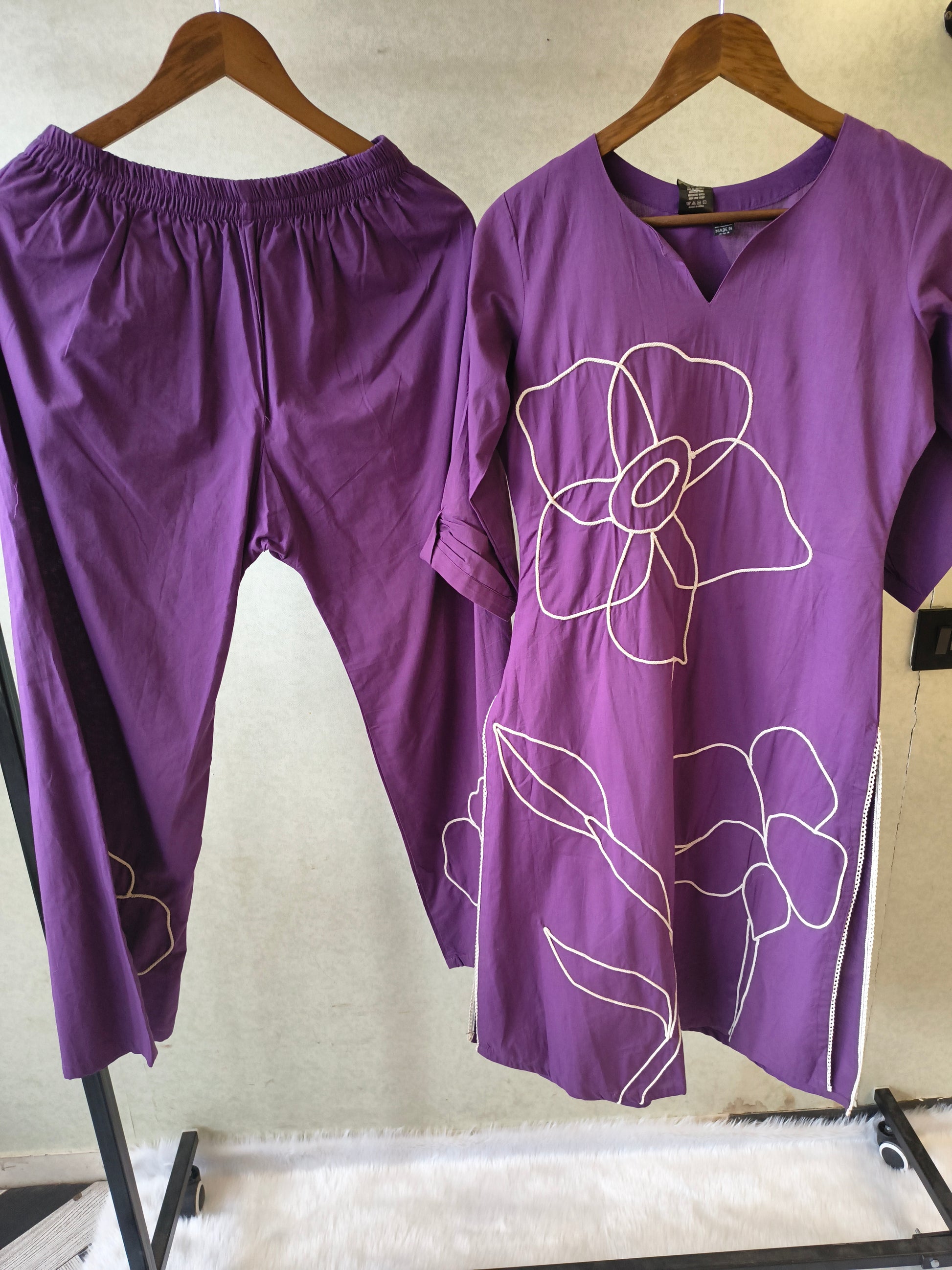 Royal Purple Floral Embroidered Cotton Kurta Set with Straight Pants
