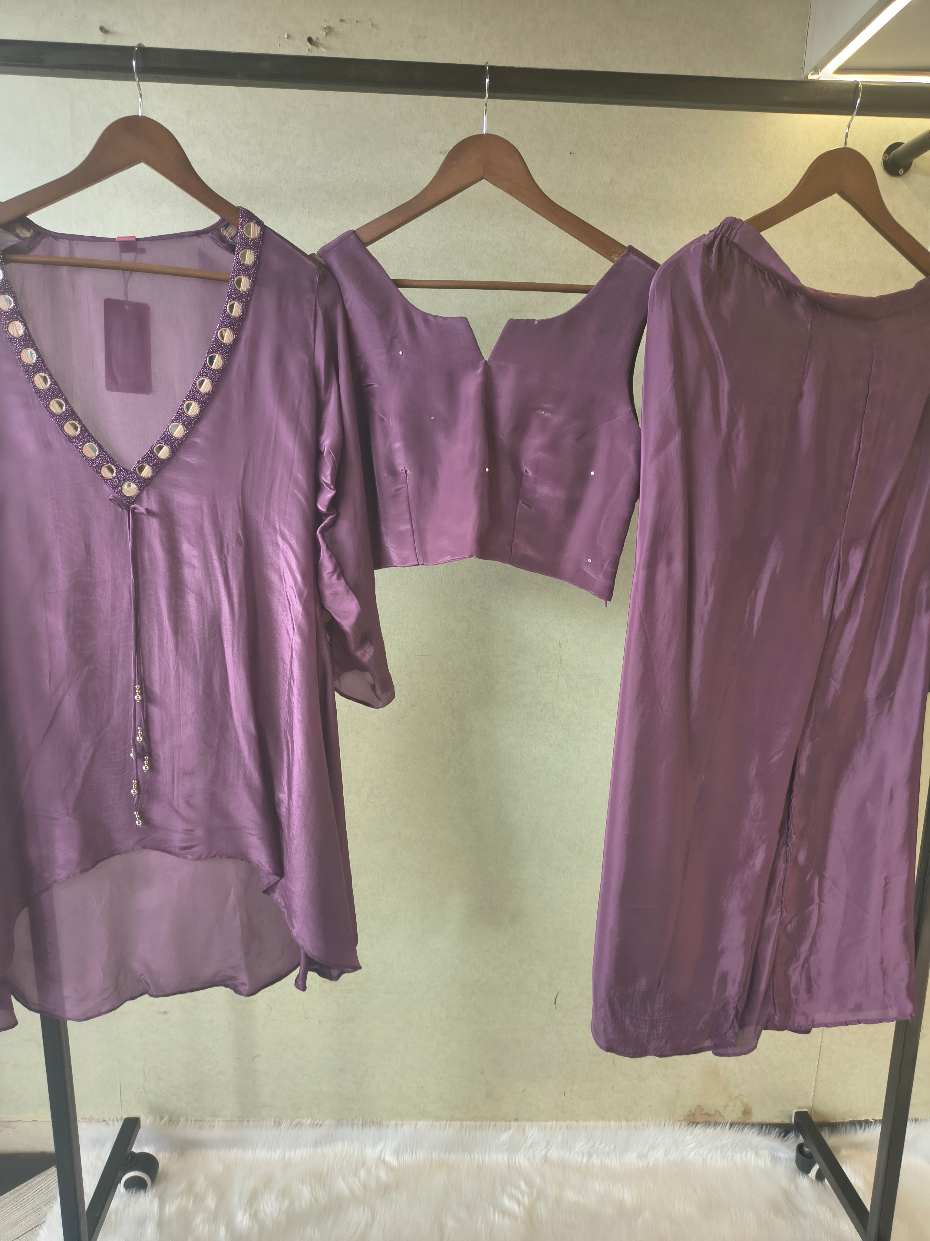 Image of Royal Plum Embellished High-Low Tunic with Sleeveless Blouse & Wide-Leg Pants – 3 Piece Designer Indo-Western Set