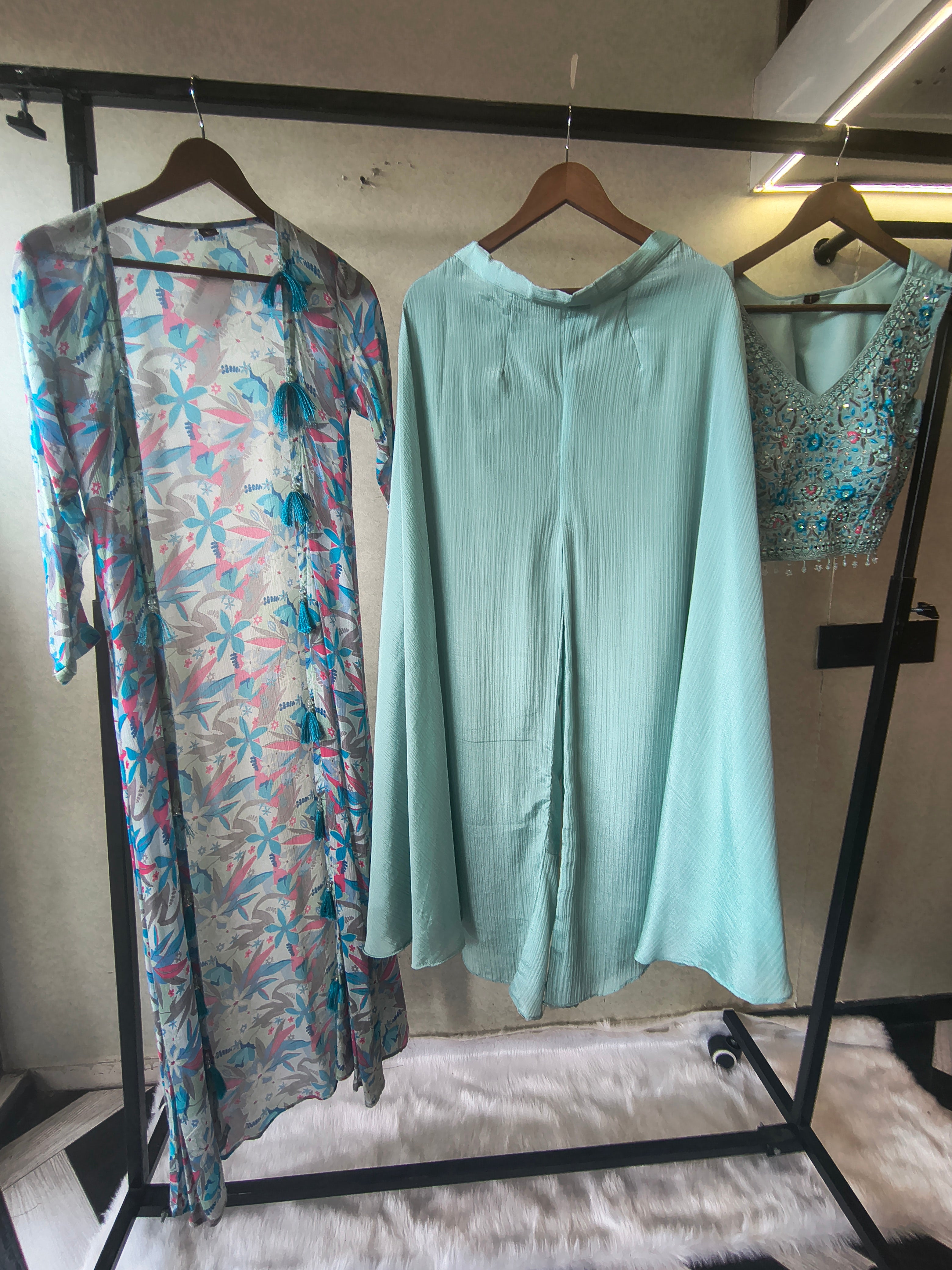 Image of Powder Blue Mirror Embroidered Blouse with Drape Palazzo & Printed Tassel Dupatta – Designer 3 Piece Indo-Western Set