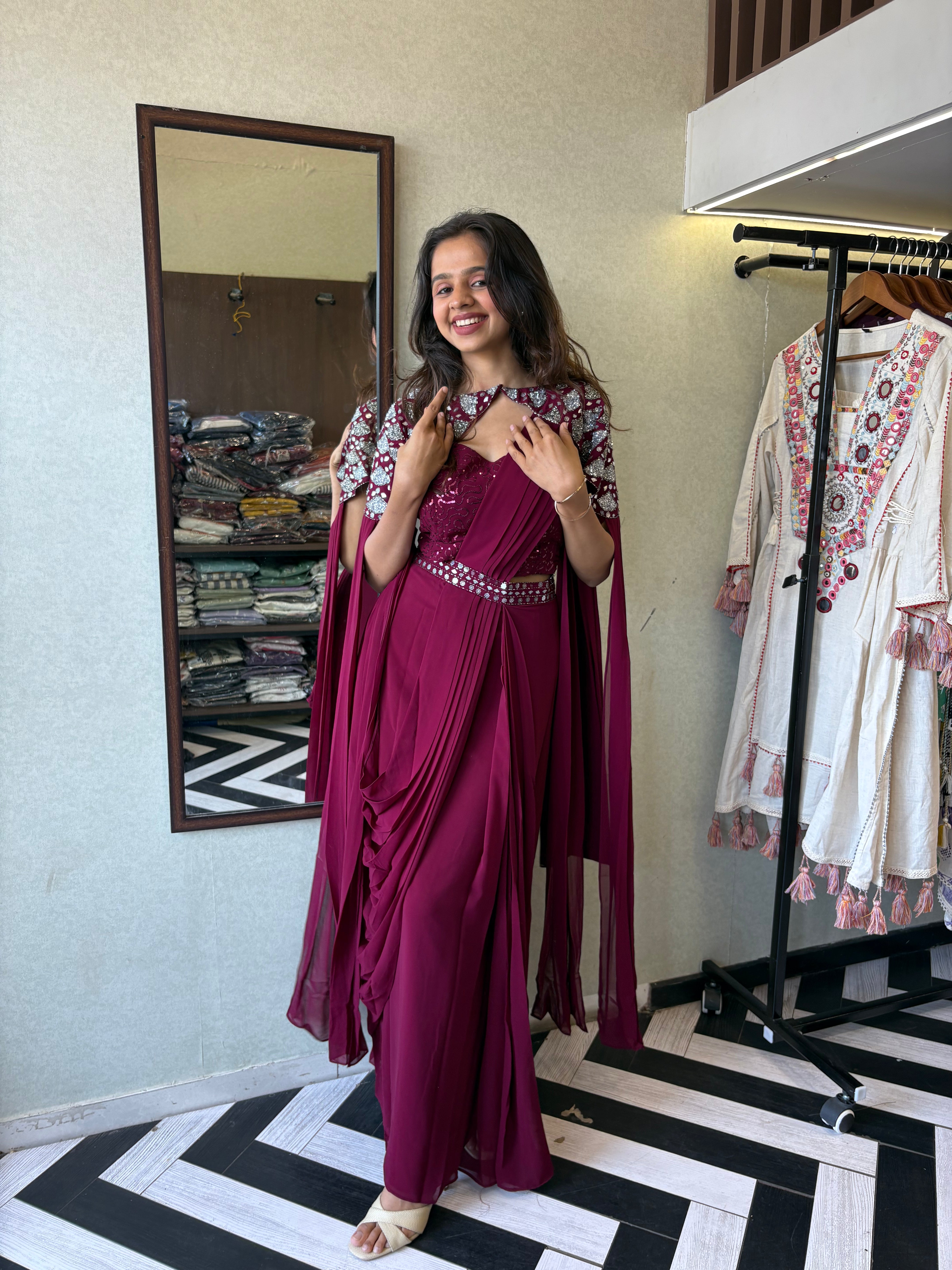 Our Maroon Georgette 3-Piece Saree-Style Indo-Western Set, where classic charm meets modern flair.