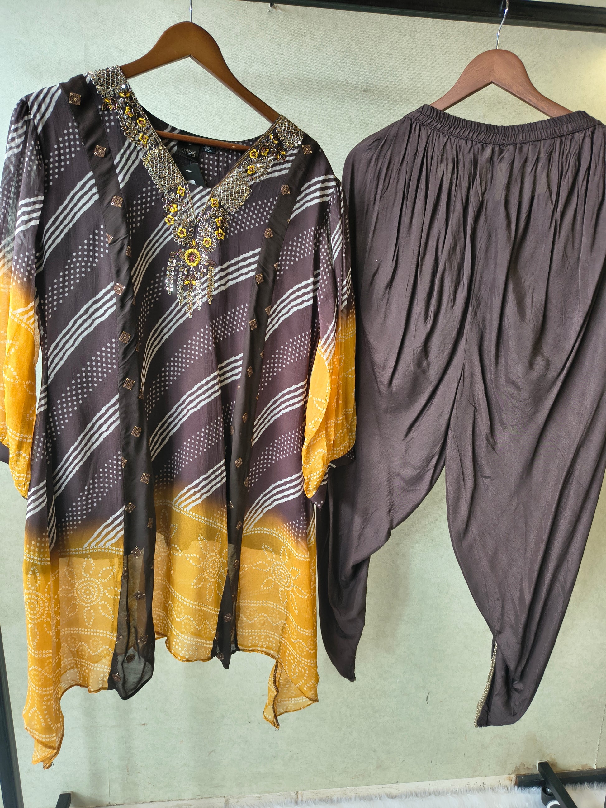 Premium Charcoal & Mustard Bandhani Print Kaftan Kurta with Dhoti Pants Set