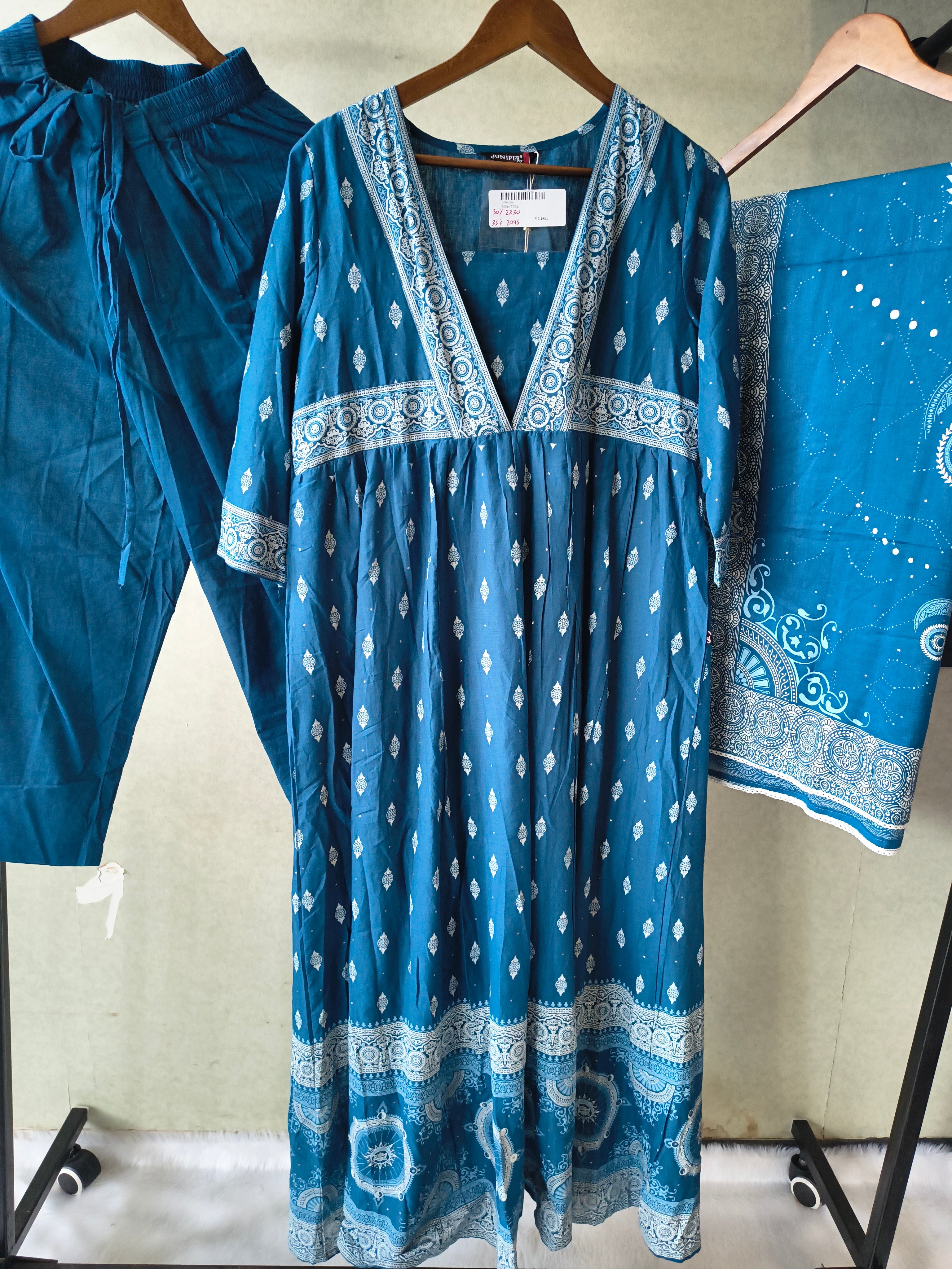 Image of Juniper Premium Teal Blue Printed Cotton Kurta Set with Solid Pants & Printed Dupatta