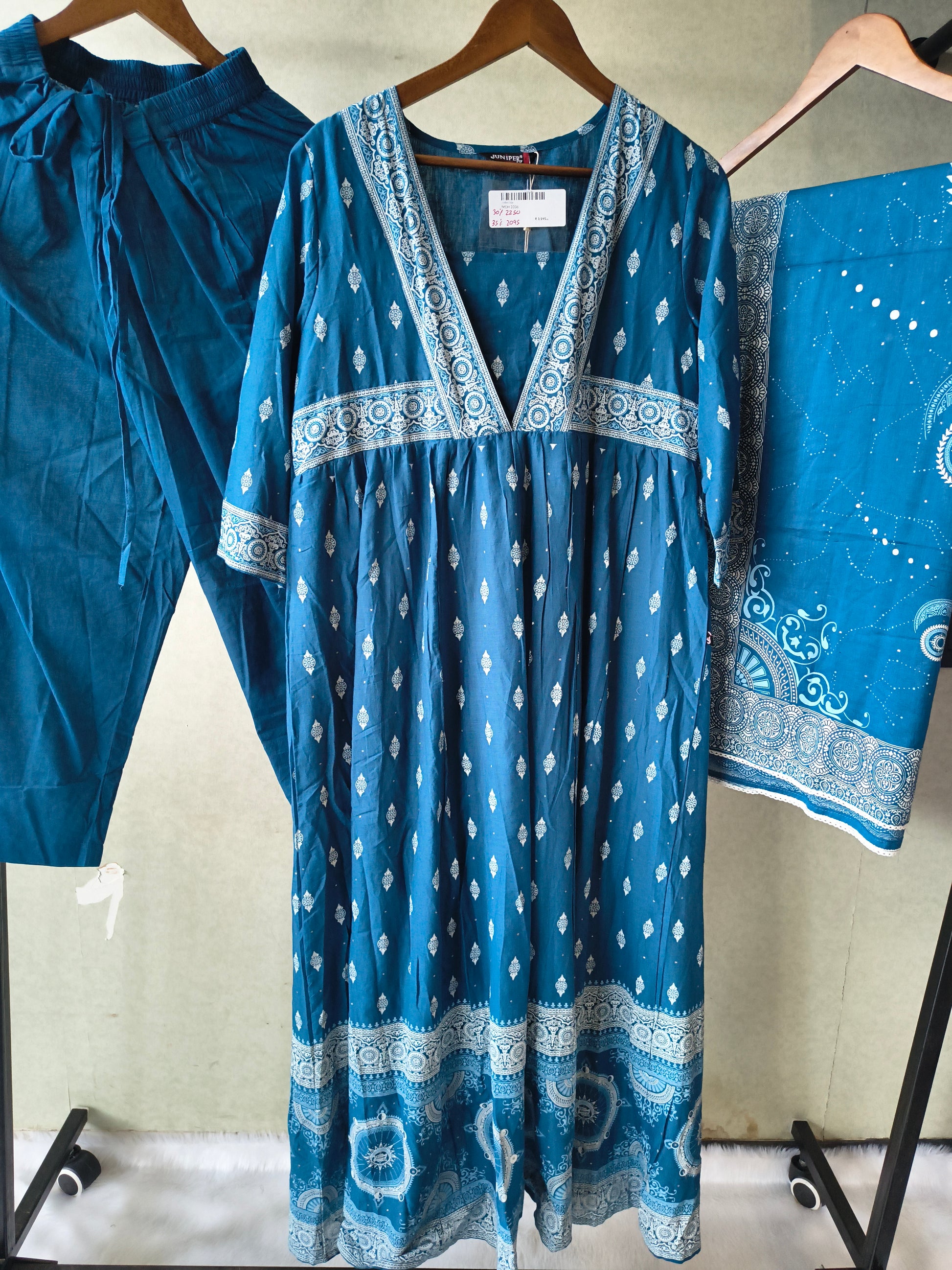 Juniper Premium Teal Blue Printed Cotton Kurta Set with Solid Pants & Printed Dupatta