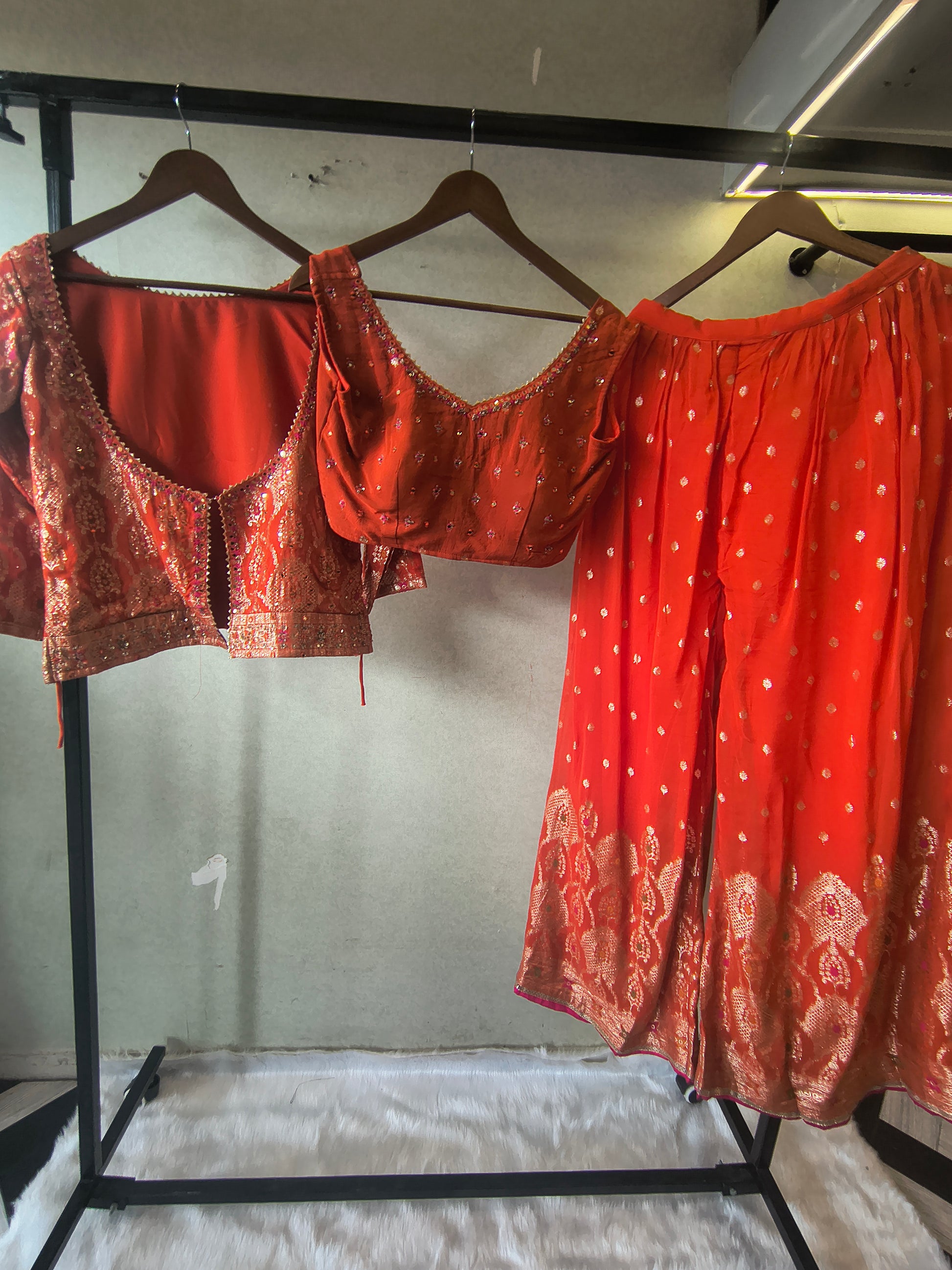 Rust Orange Banarasi Embroidered Lehenga Set with Handworked Blouse & Embellished Blouse – Designer 3 Piece Festive Ensemble