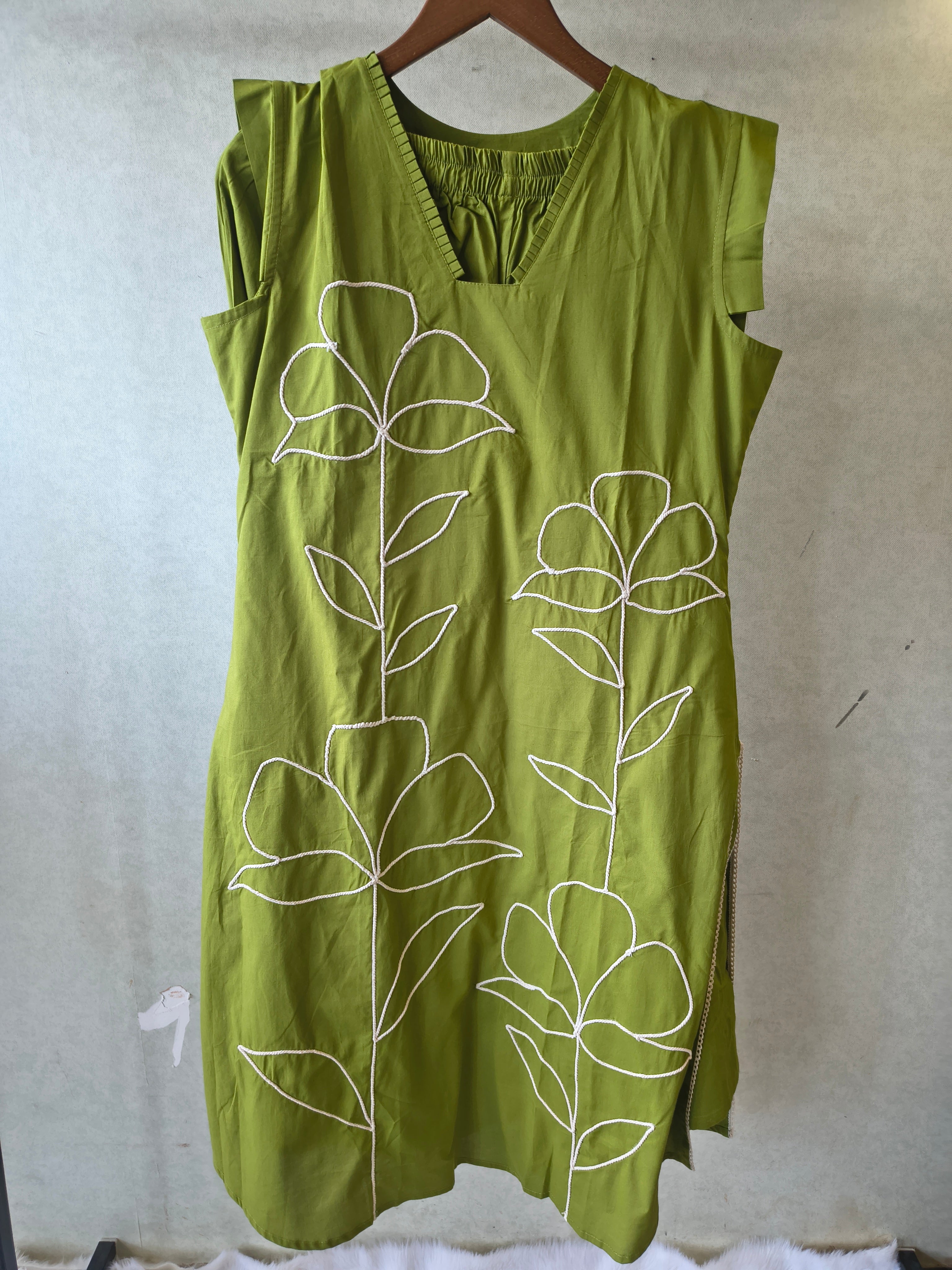 Image of Olive Green Cotton Co-Ord Set with Abstract Floral Cord Embroidery