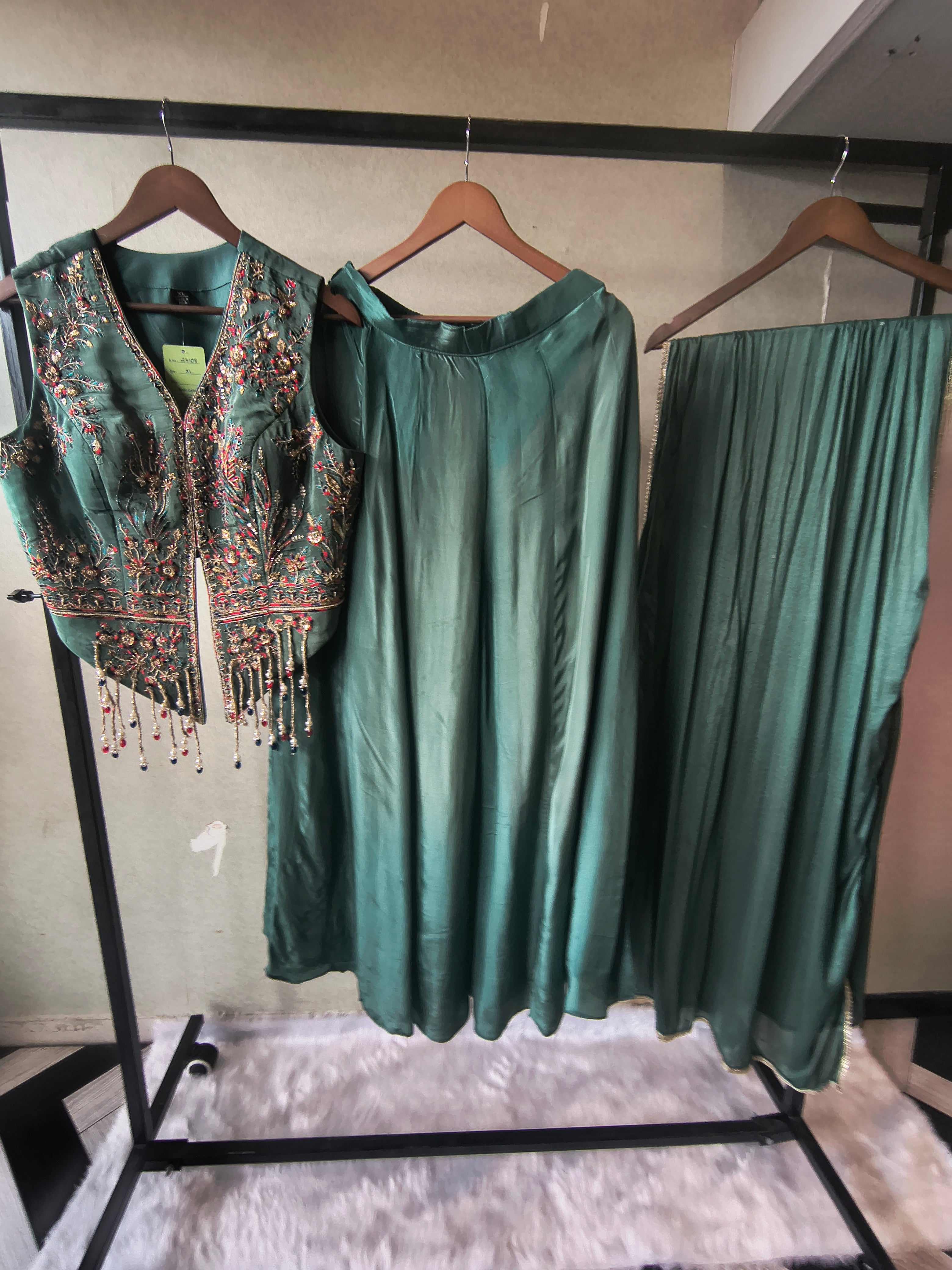 Image of Premium Emerald Green Satin Silk 3-Piece Lehenga Set with Hand Embroidered Crop Jacket & Dupatta