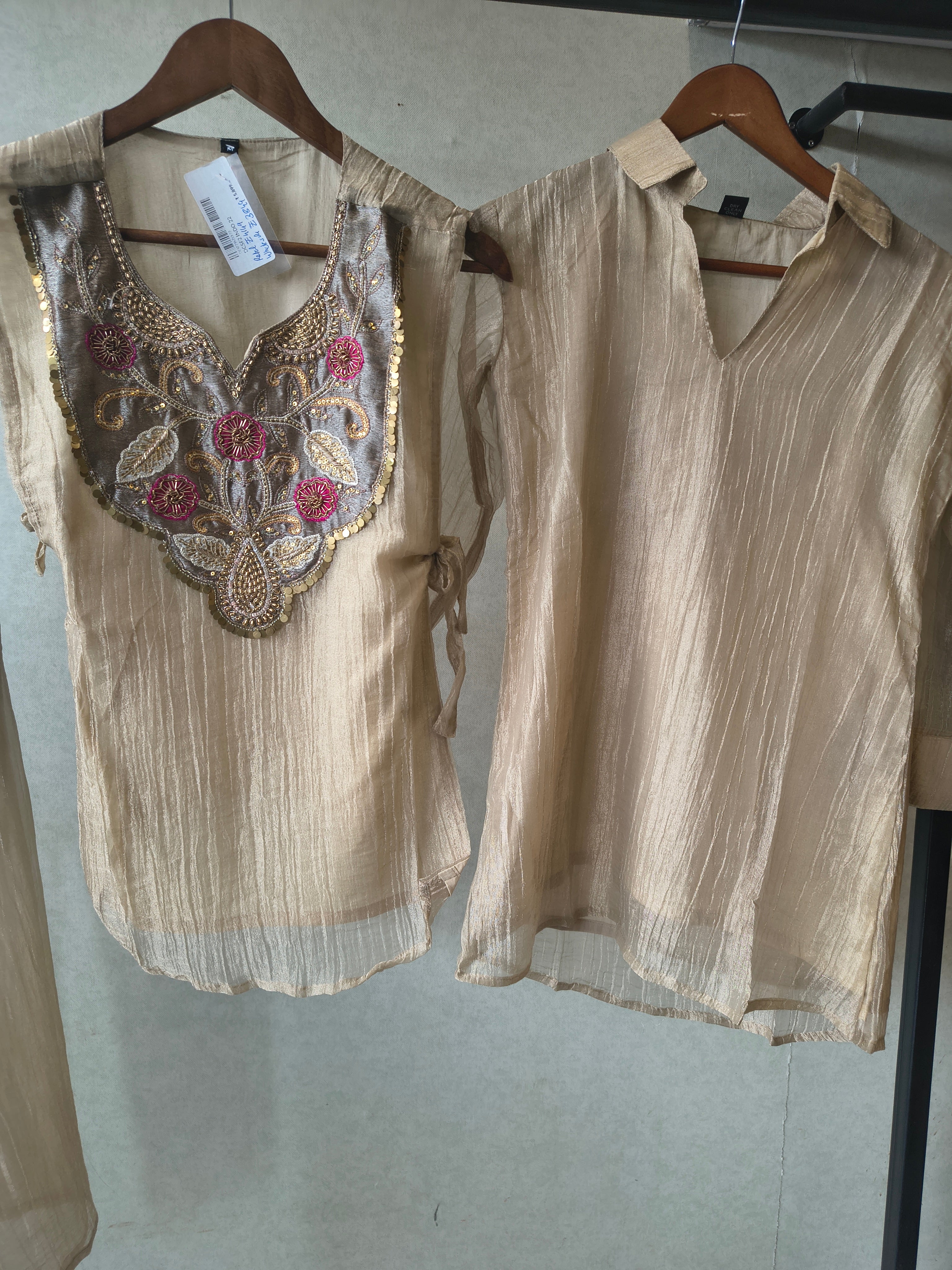 Image of Premium Champagne Tissue Silk Embroidered Kurta with Hand Embellished Statement Yoke