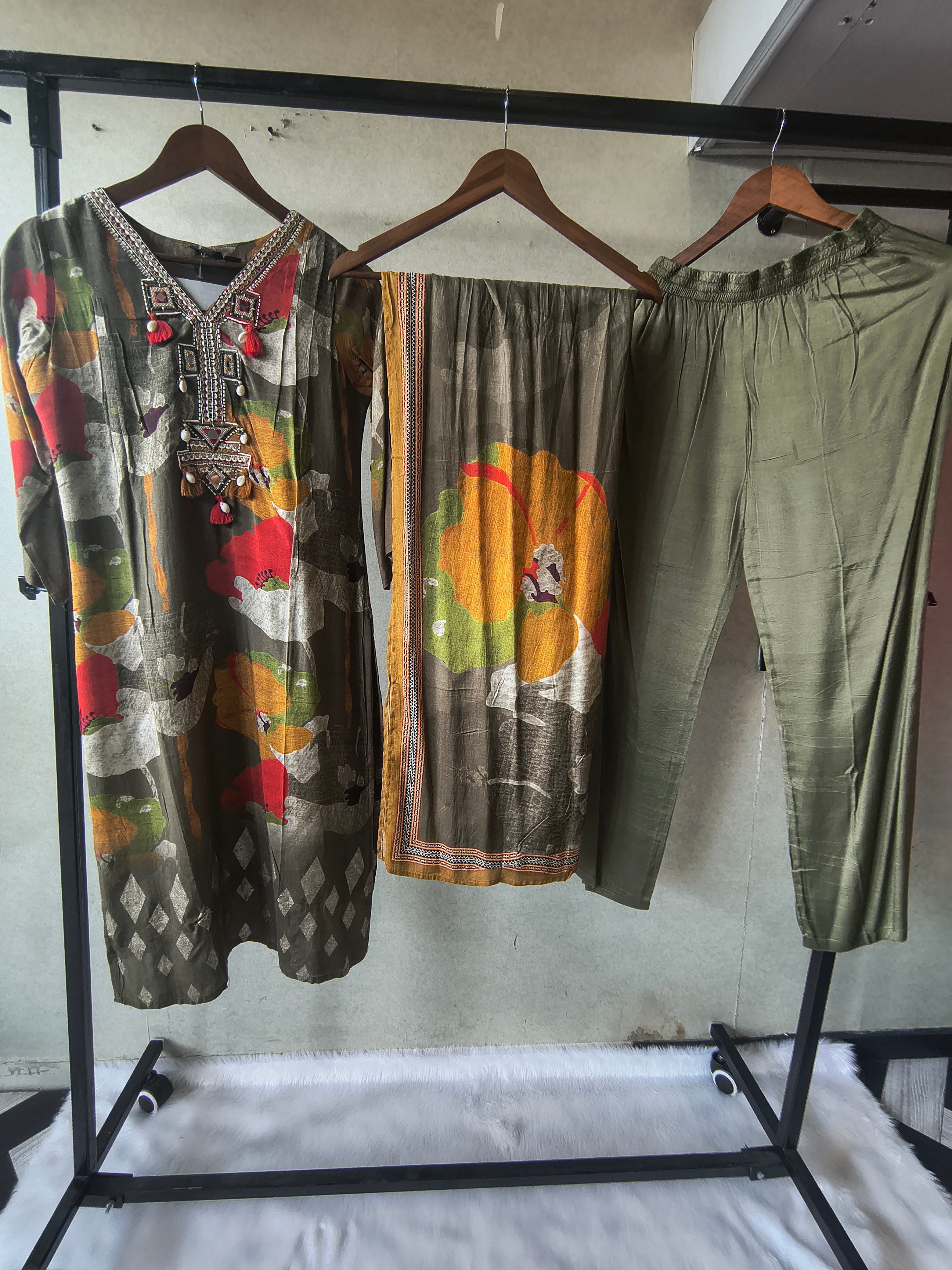 Image of Premium Olive Green Floral Printed Kurta Set with Embellished Neckline, Solid Pants & Printed Dupatta