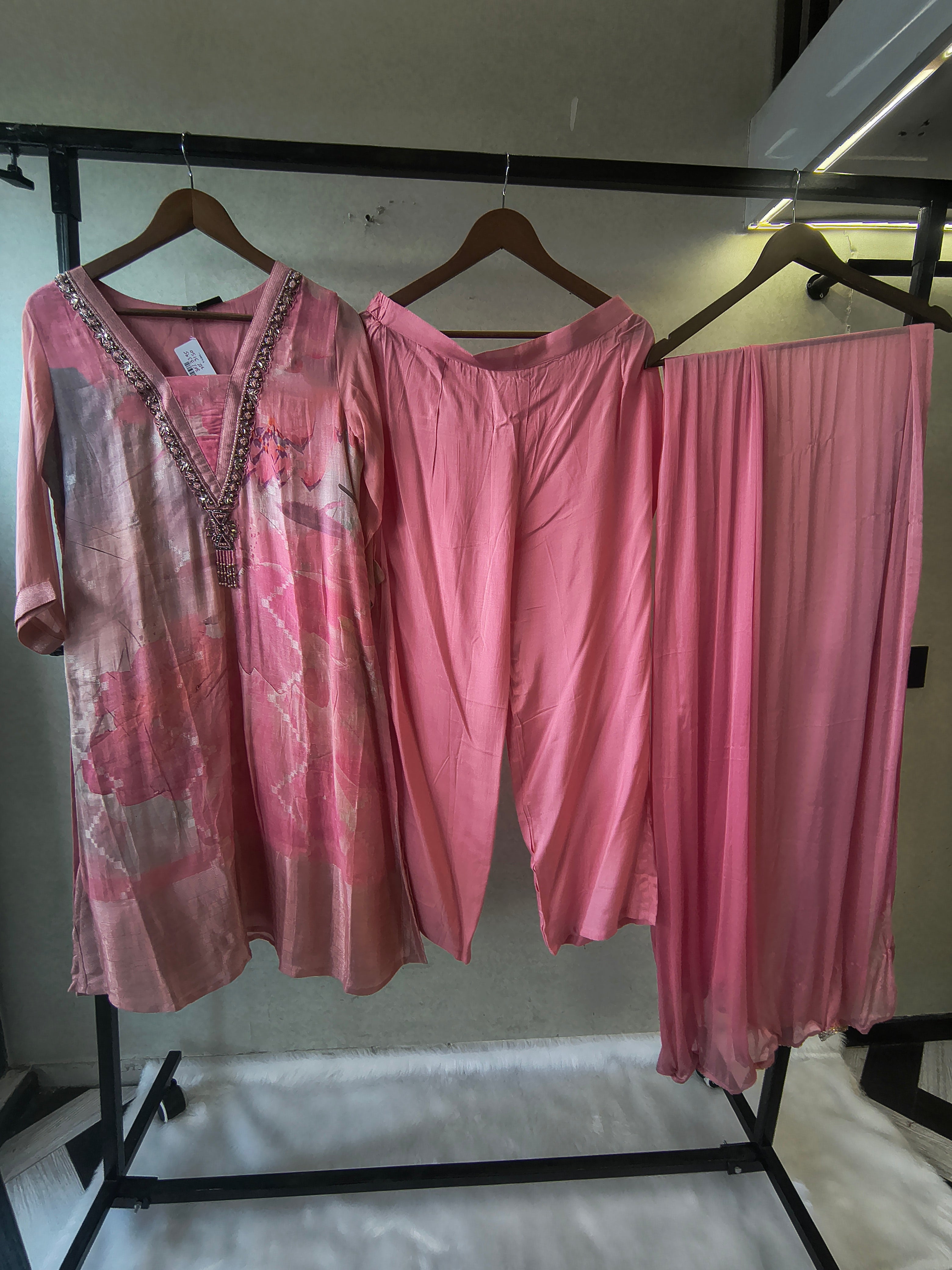 Image of Blush Pink Floral Printed Kurta Set with Embellished Neckline | Premium 3 Piece Ethnic Suit