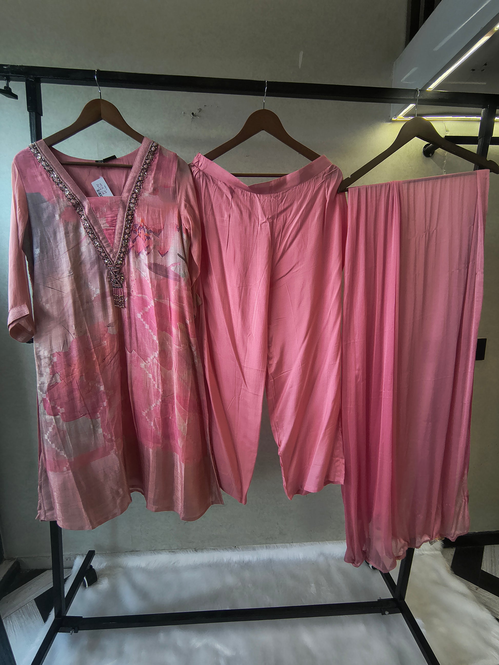 Blush Pink Floral Printed Kurta Set with Embellished Neckline | Premium 3 Piece Ethnic Suit
