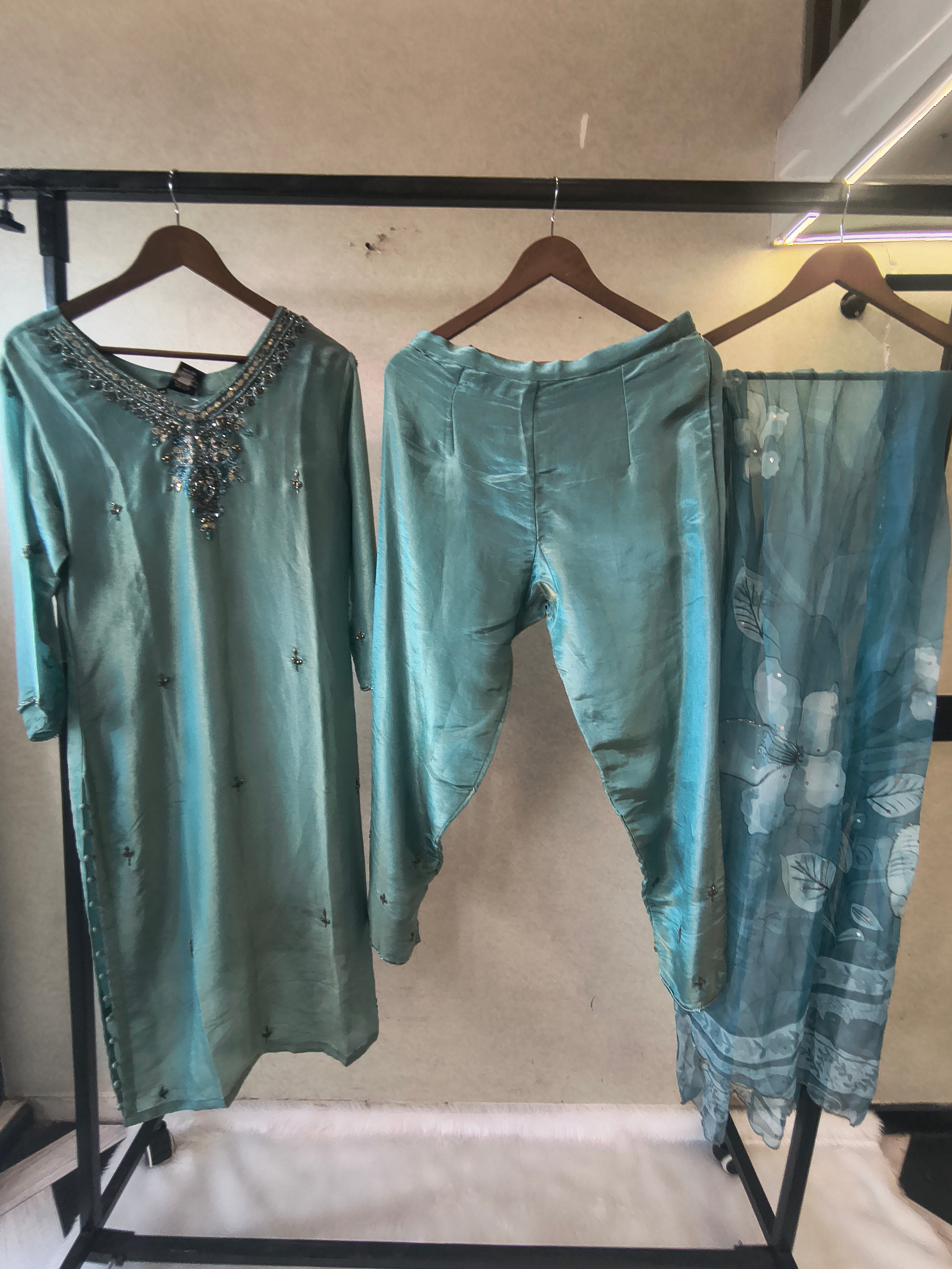 Image of Ice Blue Hand-Embroidered Designer Kurta Set with Floral Organza Dupatta | Premium 3 Piece Ethnic Suit