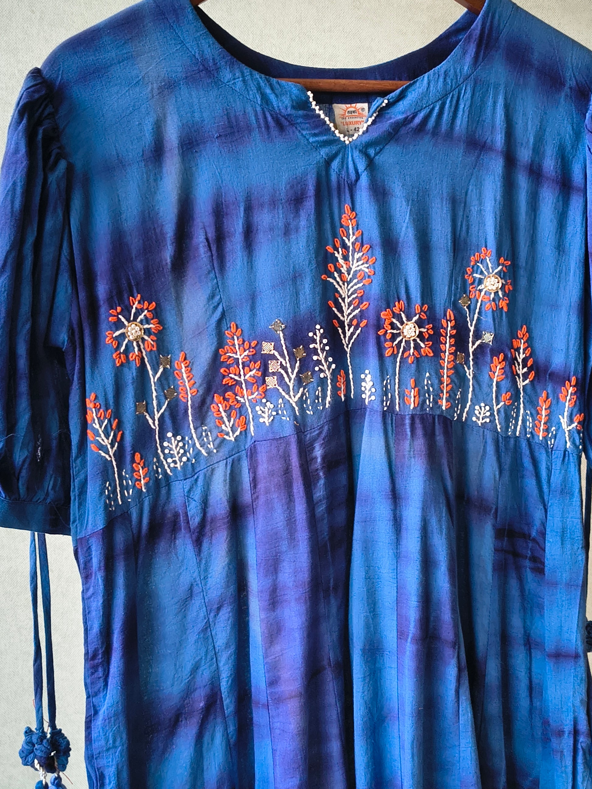 Premium Indigo Tie-Dye Embroidered Cotton Flared Dress