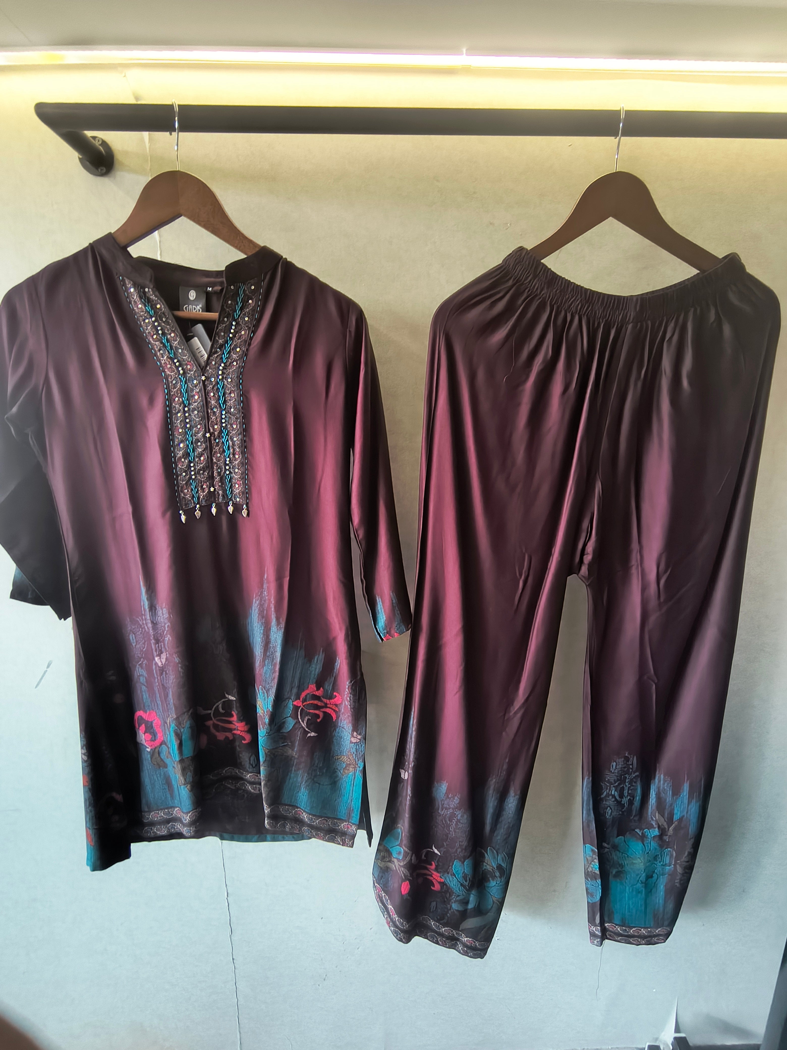Image of Wine Embellished Premium Silk Co-Ord Set