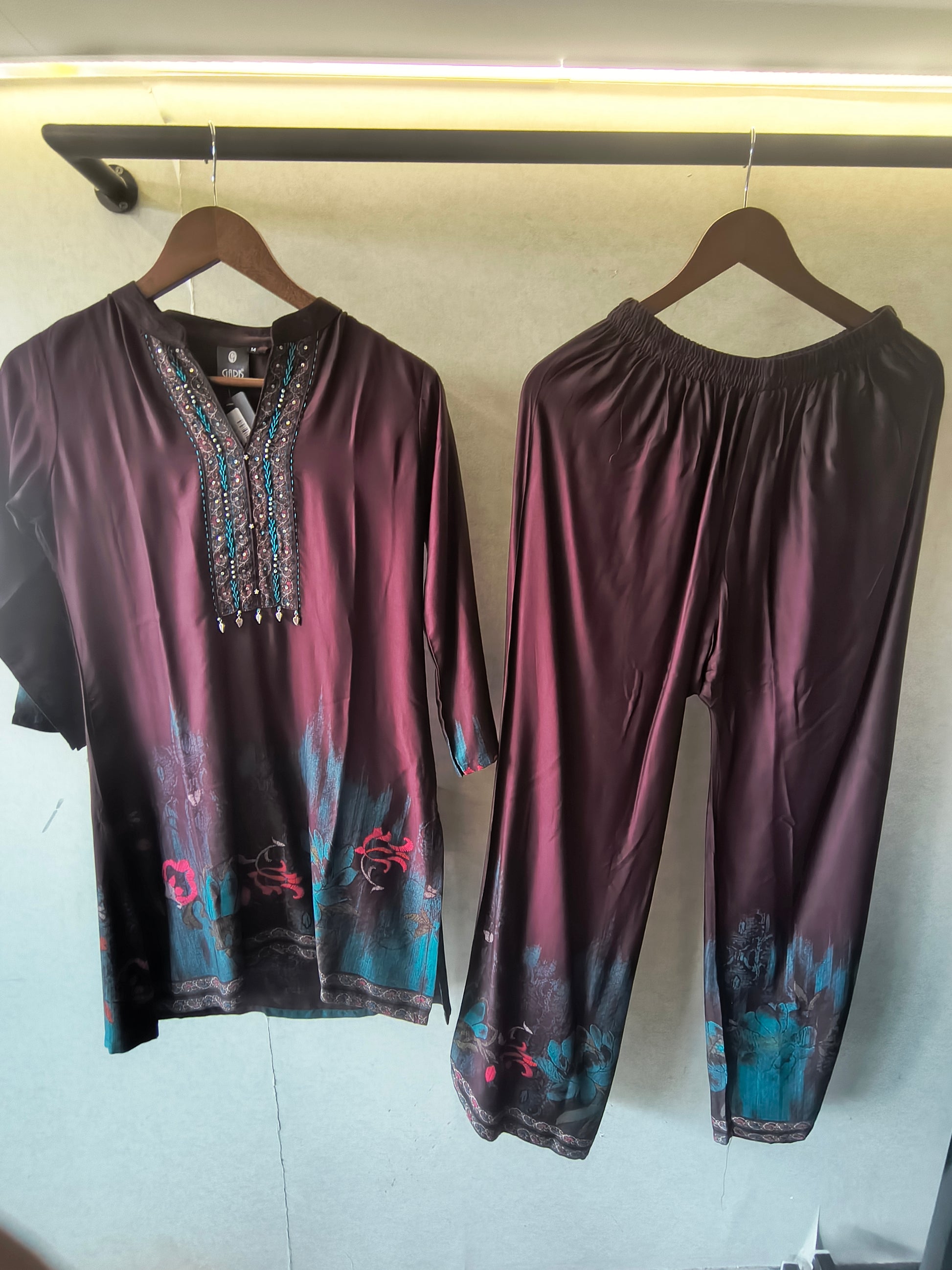 Wine Embellished Premium Silk Co-Ord Set