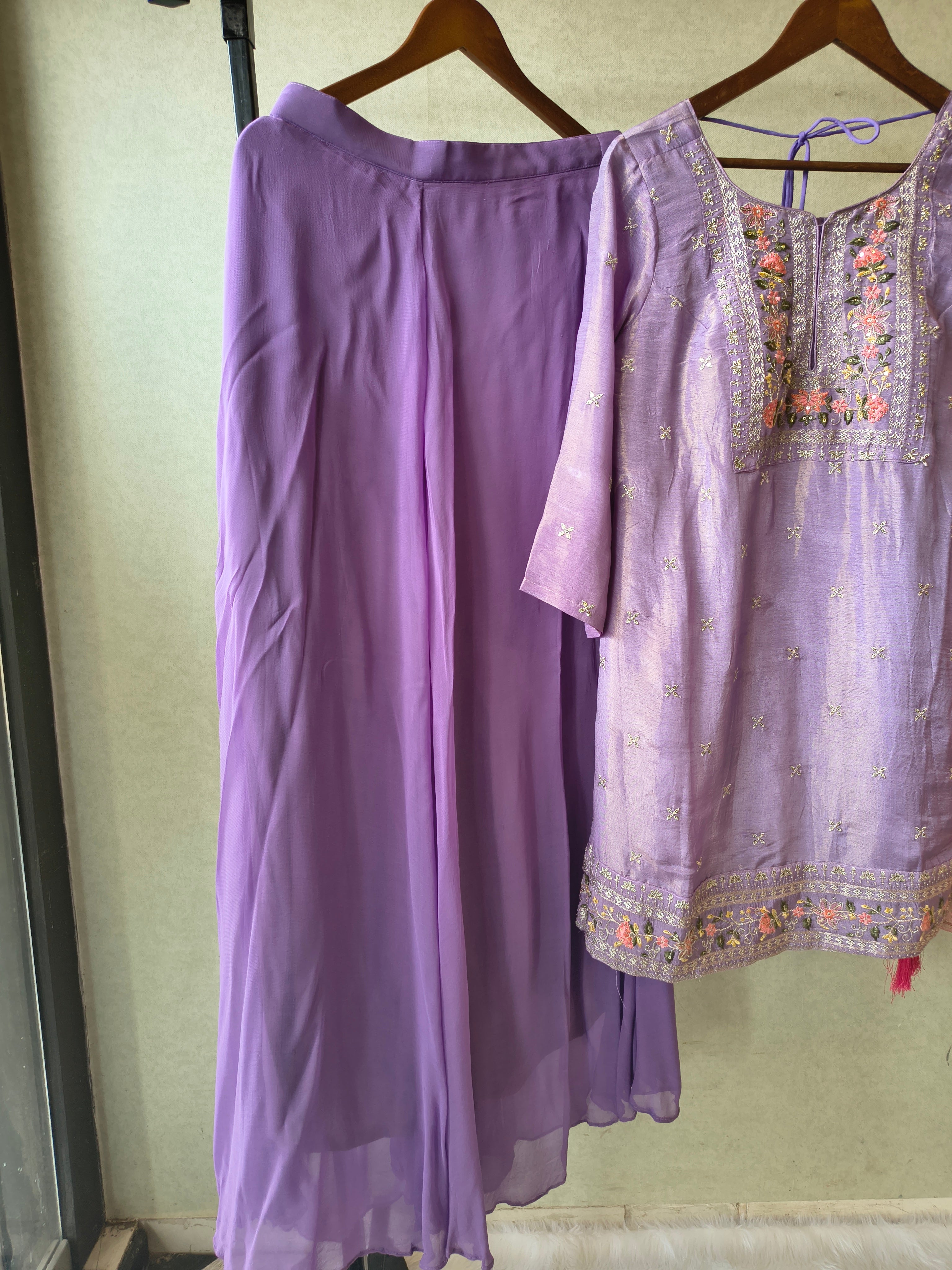Image of Premium Lavender Embroidered Kurta with Sharara & Banarasi Dupatta Set
