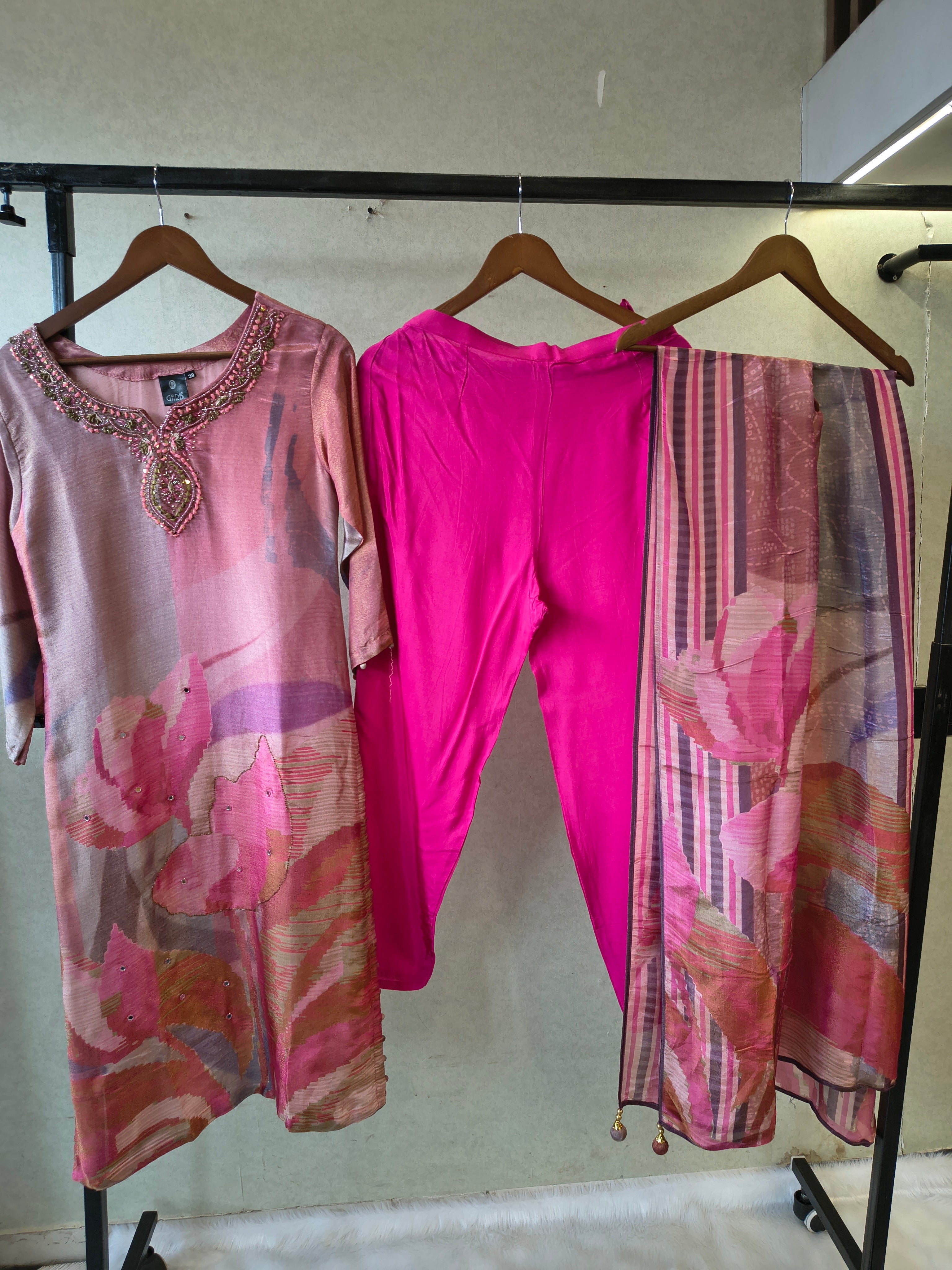 Image of Dusty Rose Abstract Printed Kurta Set with Embellished Neckline & Dupatta | Premium 3 Piece Ethnic Suit
