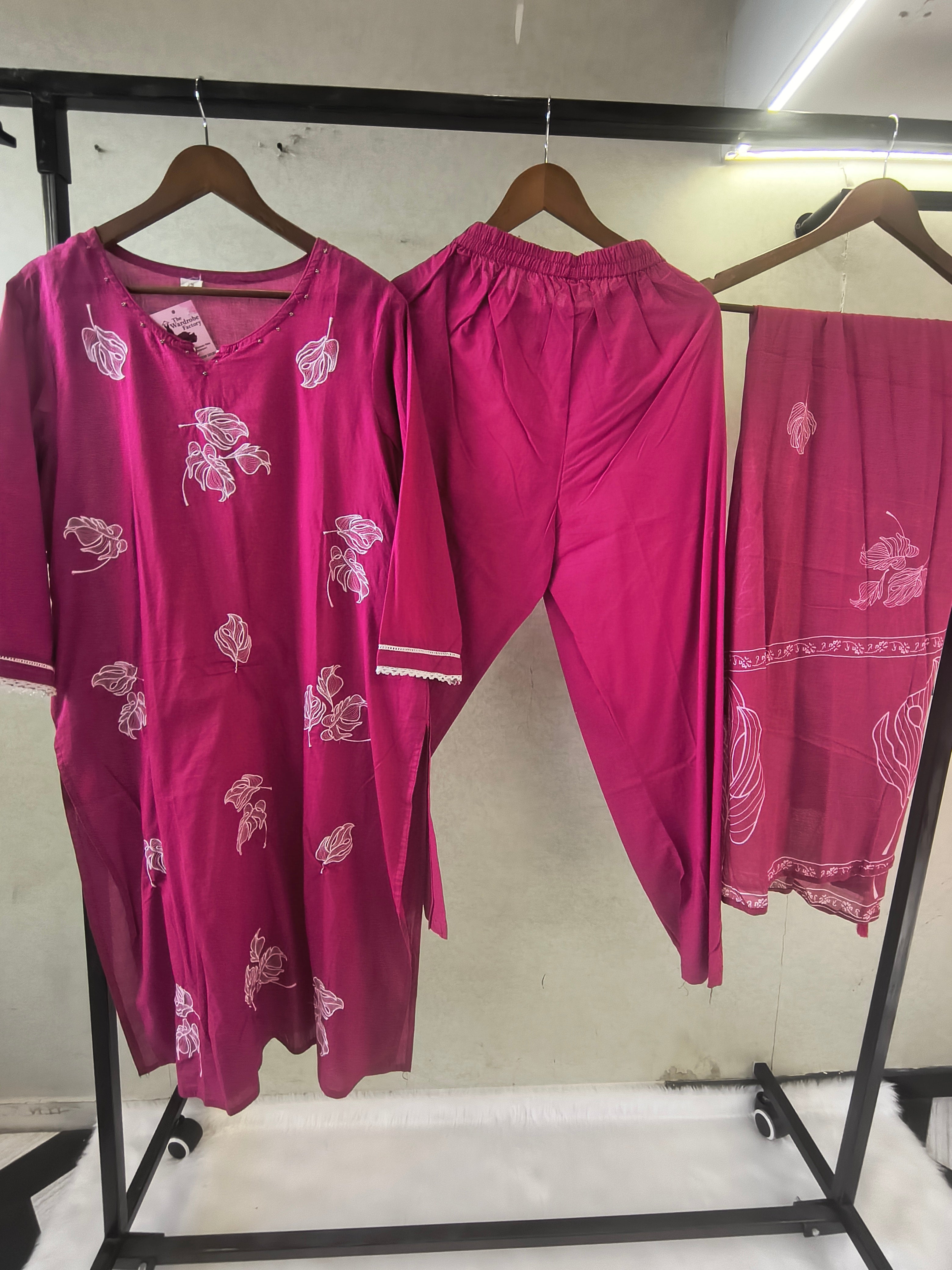 Image of Premium Magenta Floral Printed Kurta Set with Matching Dupatta