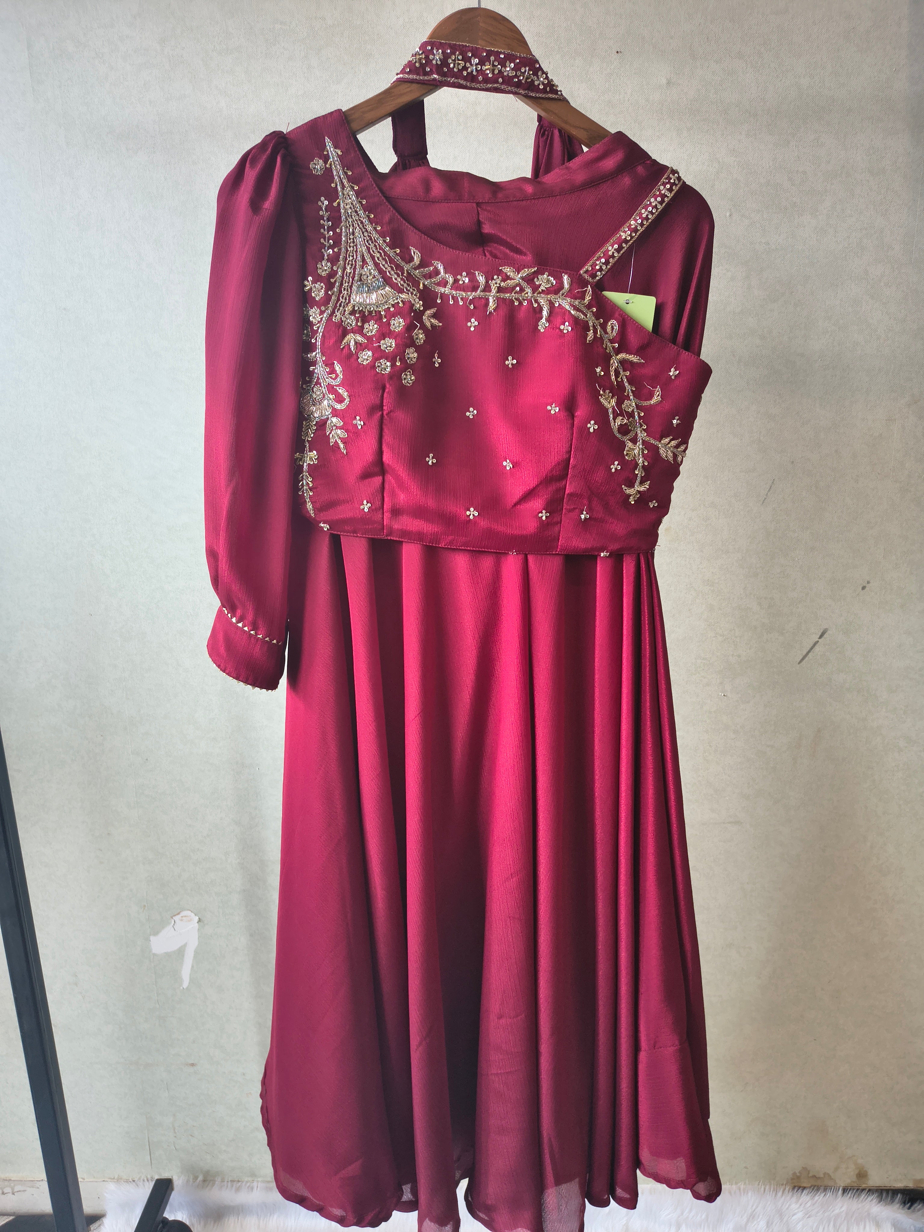 Image of Premium Wine Satin Silk 3-Piece Lehenga Set with Hand Embroidered One-Shoulder Blouse & Dupatta