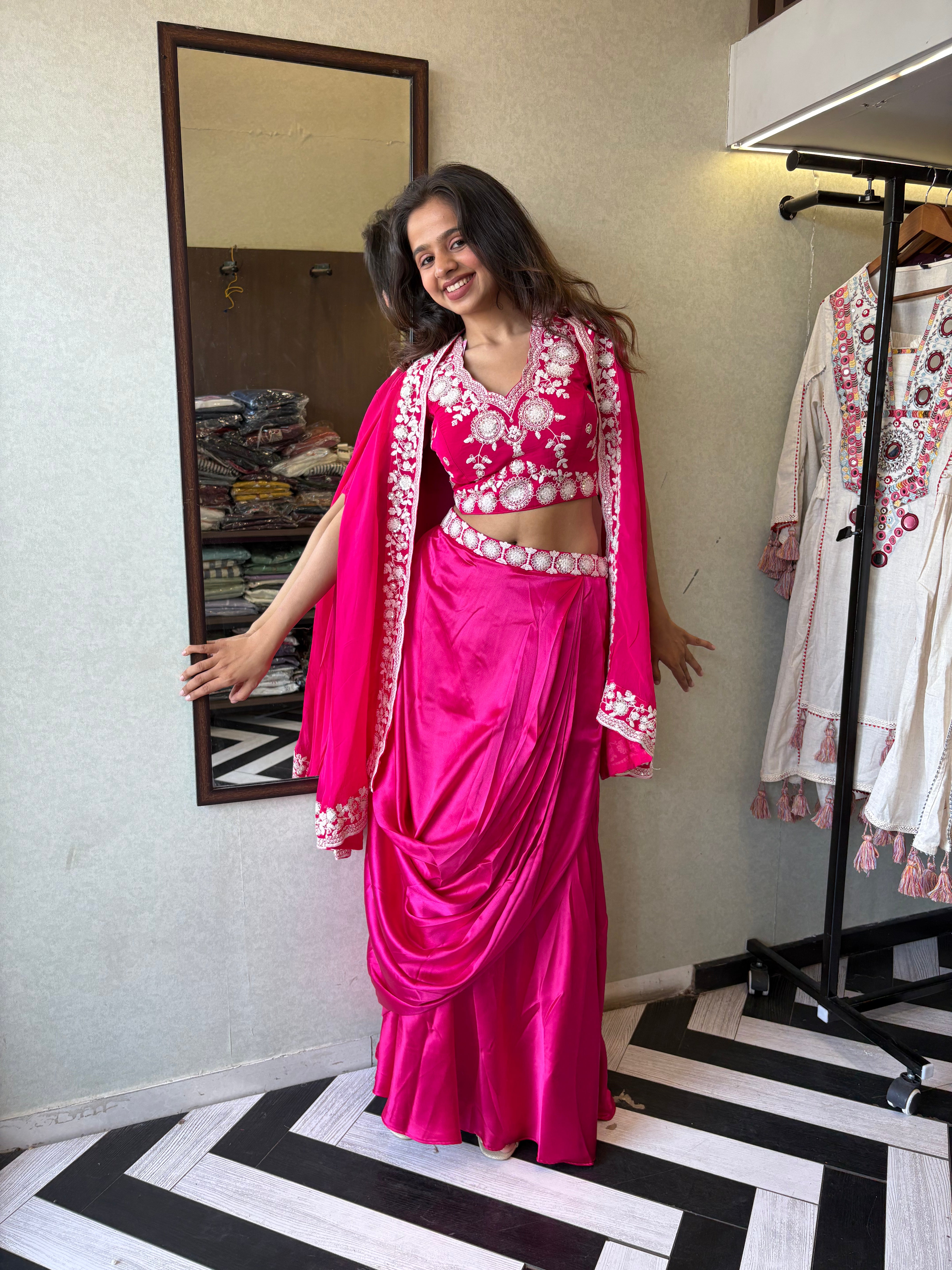 Image of Pure crepe 3-piece Indo-Western beauty, featuring stunning hand embroidery and a drape-style silhouette that turns every occasion into a fashion moment.