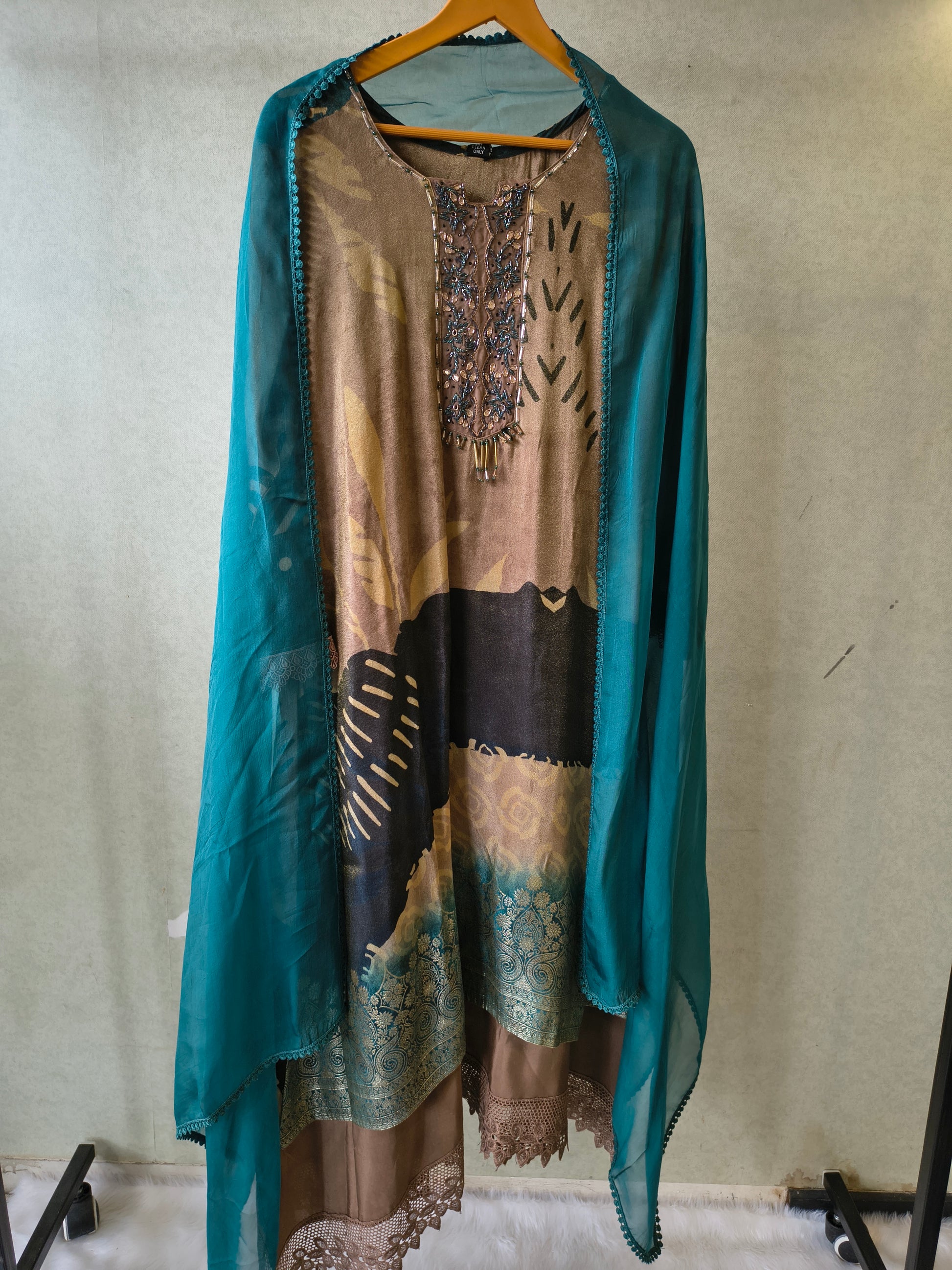 Premium Abstract Print Straight Kurta with Cigarette Pants & Dupatta Set