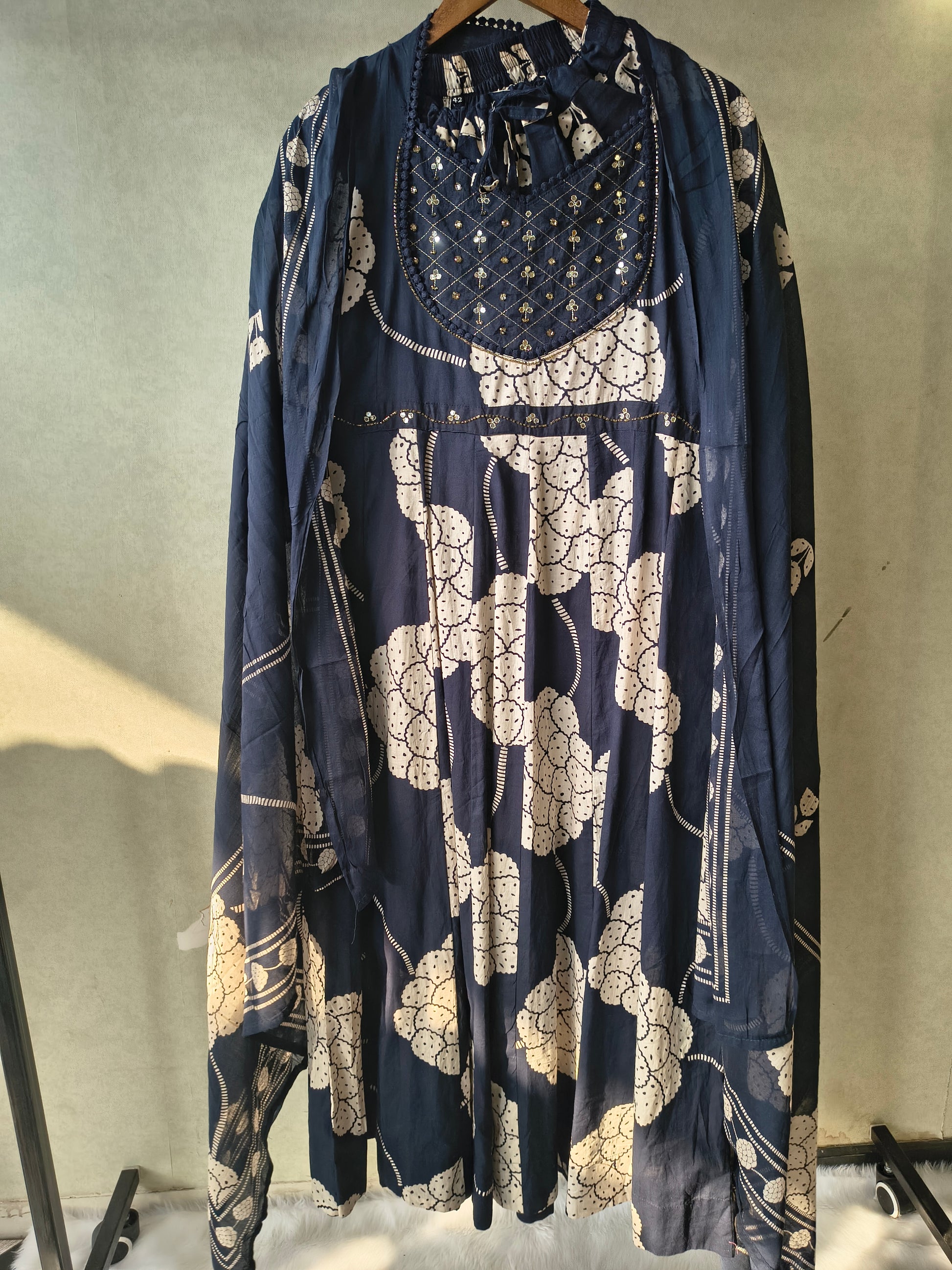 Premium Navy Blue Handblock Printed Cotton Anarkali Suit Set with Printed Pants & Dupatta