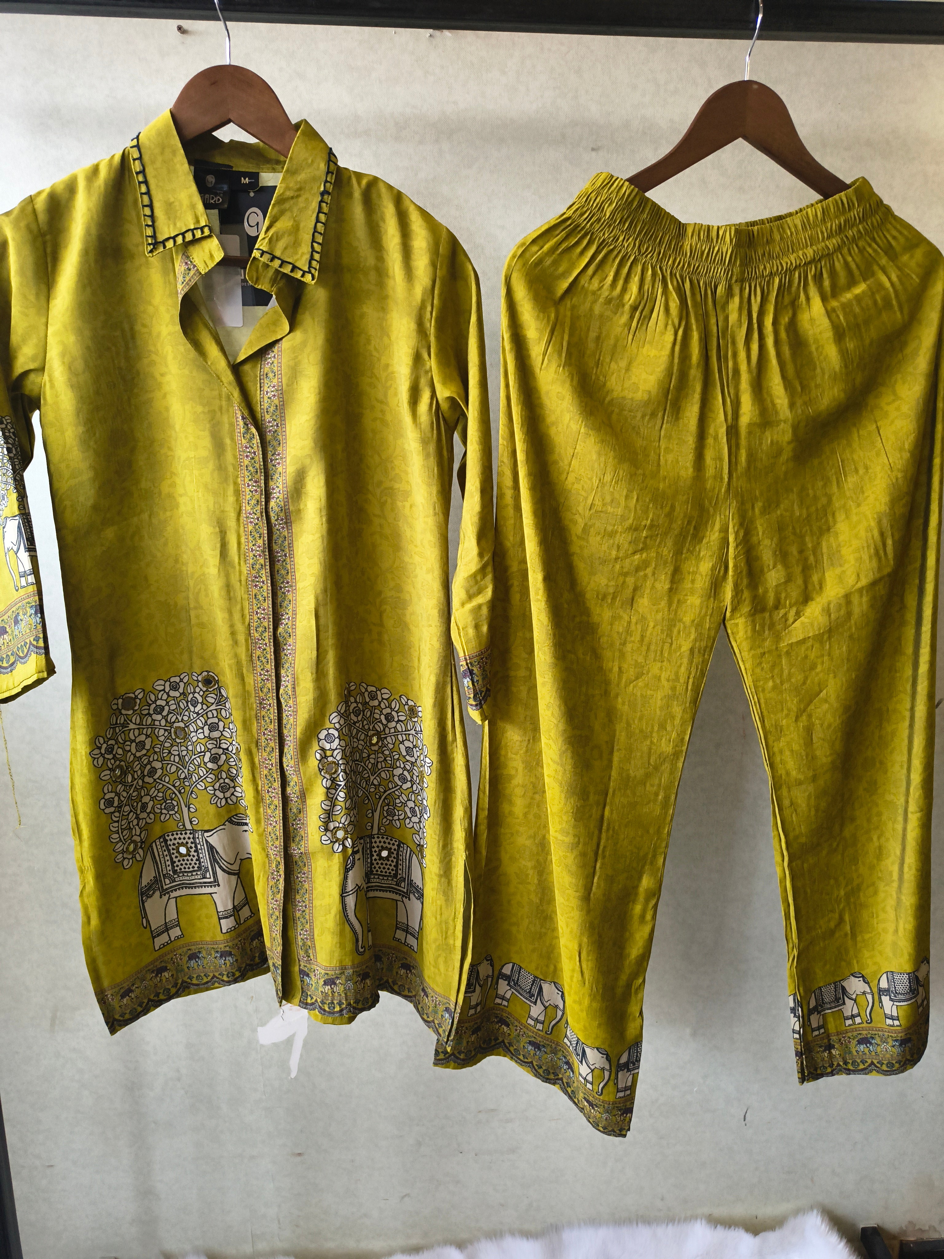 Image of Mustard Yellow Elephant Print Designer Co-Ord Set with Asymmetrical Hem