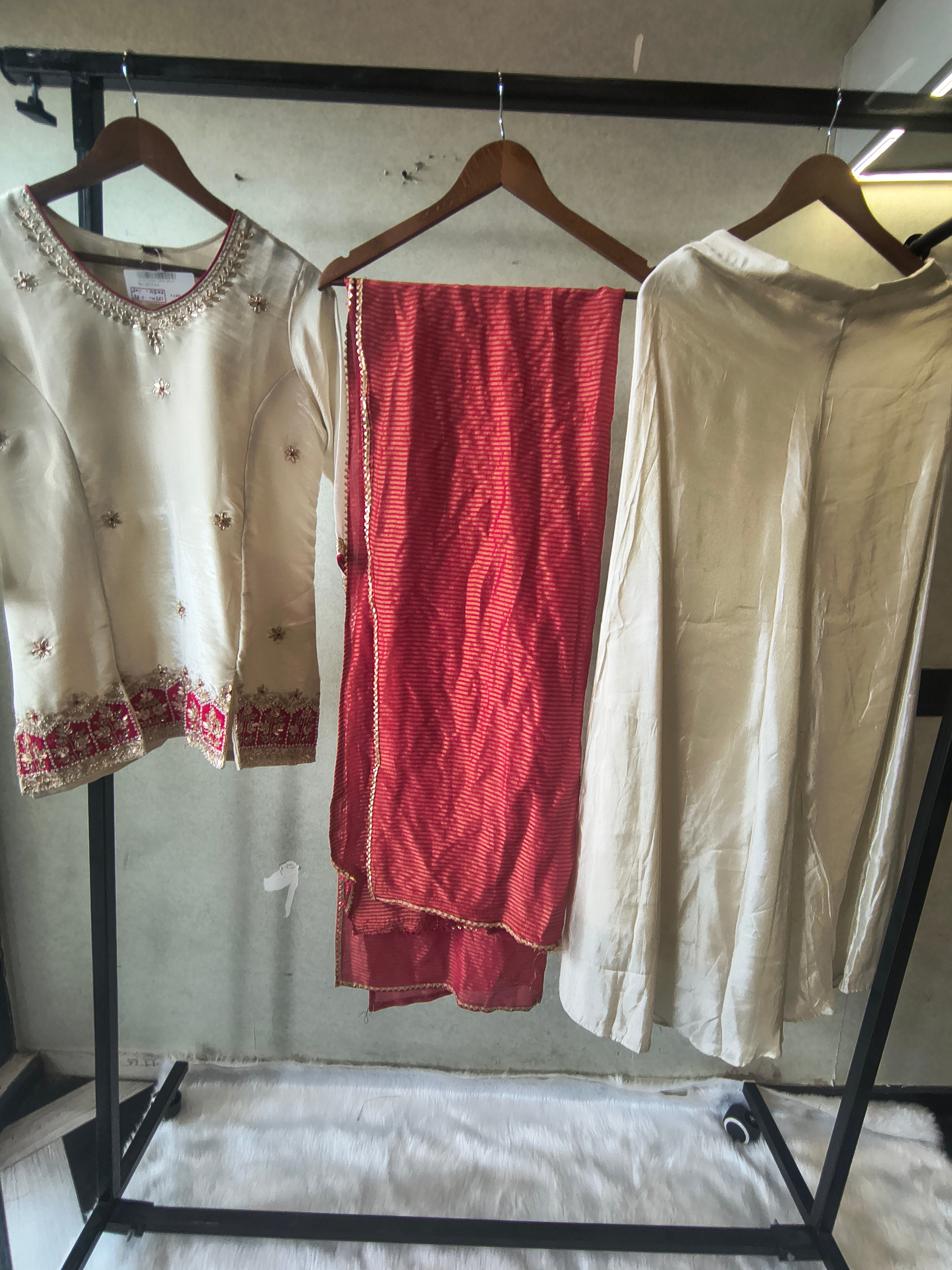 Image of Ivory Tissue Silk Embroidered Kurta with Flared Palazzo & Contrast Pink Leheriya Dupatta – 3 Piece Festive Set
