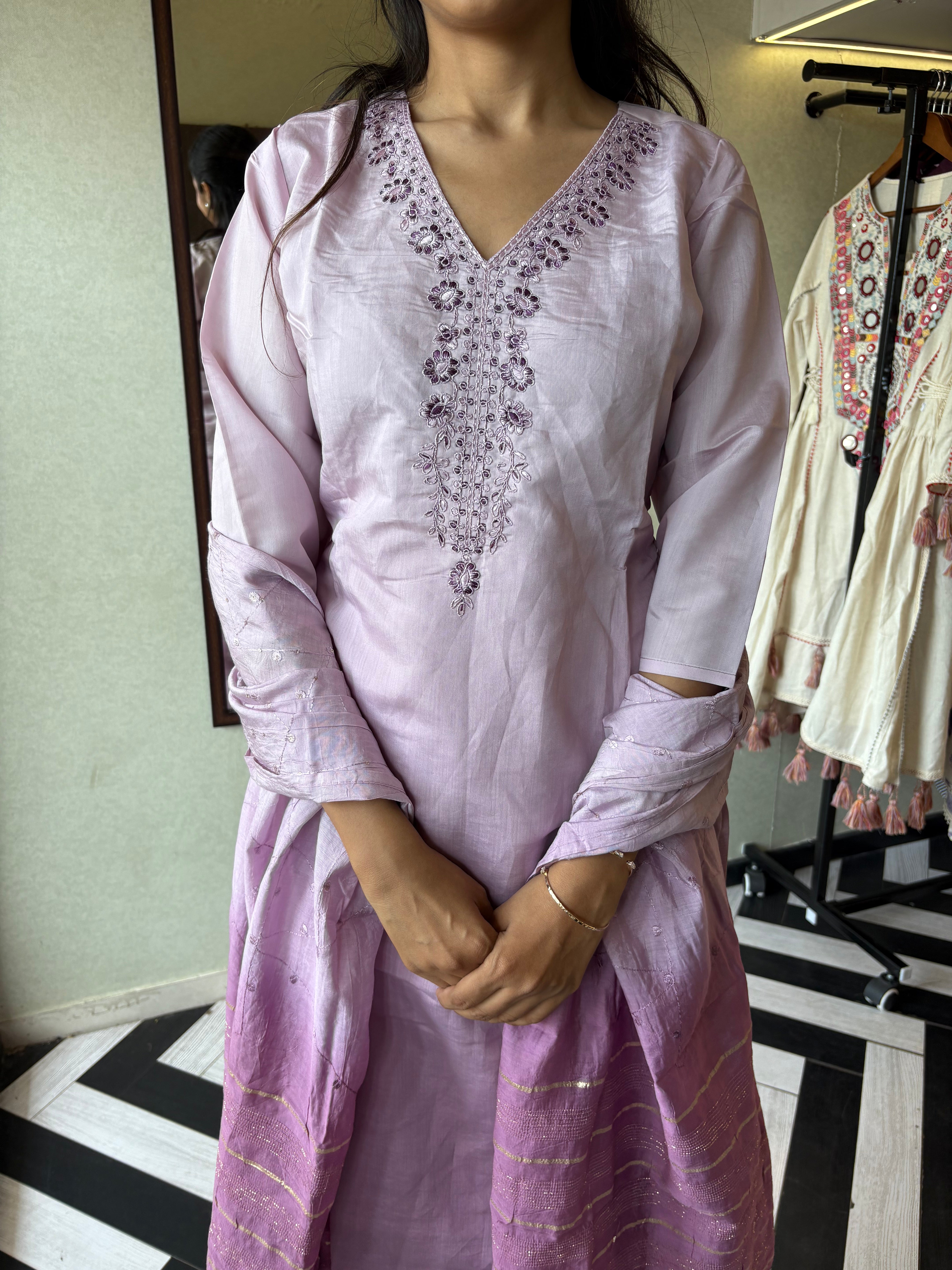 Elegance in Every Thread - Premium Silk Kurti Set Just for You!
Crafted from pure silk, this 3-piece kurti set comes with gorgeous center hand embroidery - perfect for special occasions or elegant daily wear.