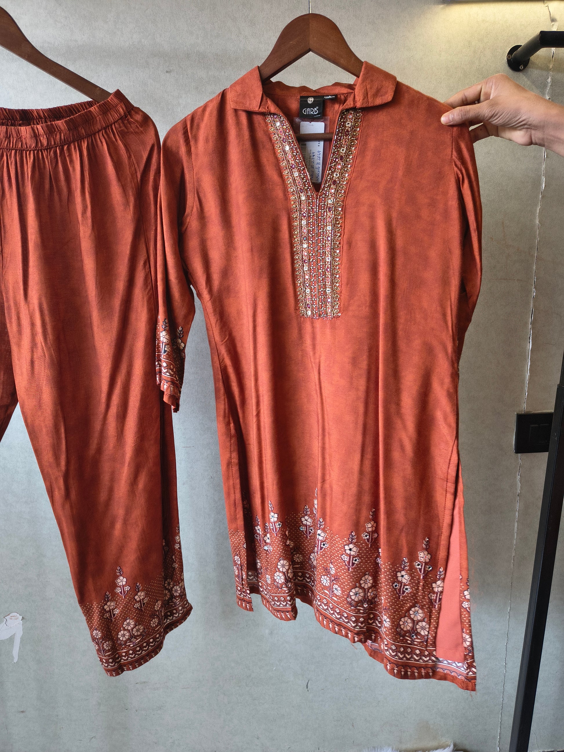 Rust Brown Designer Ethnic Co-Ord Set with Embellished Neckline & Printed Borders
