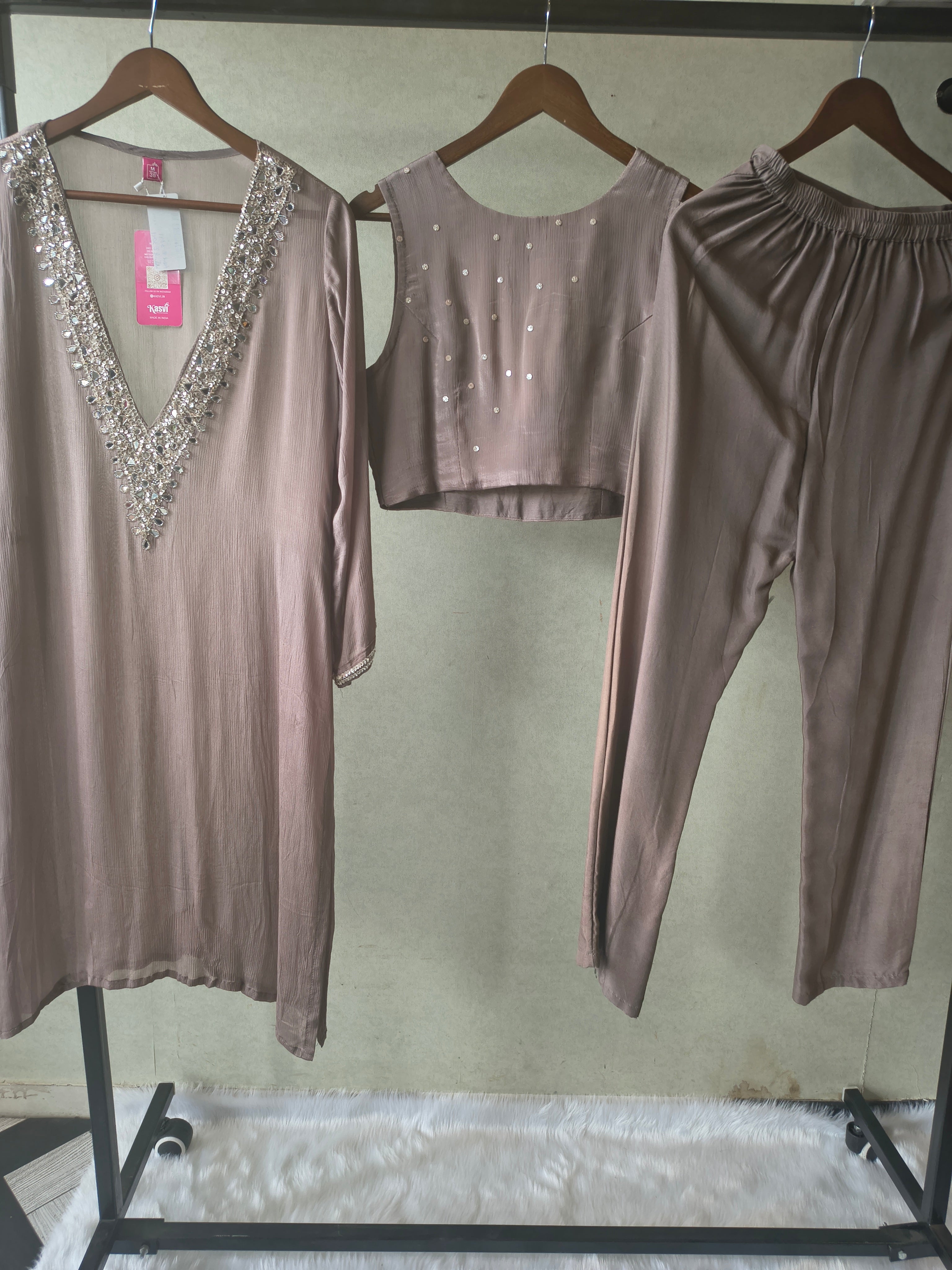Image of Luxury Taupe Embellished Kurta with Sleeveless Blouse & Straight Pants – 3 Piece Designer Indo-Western Set