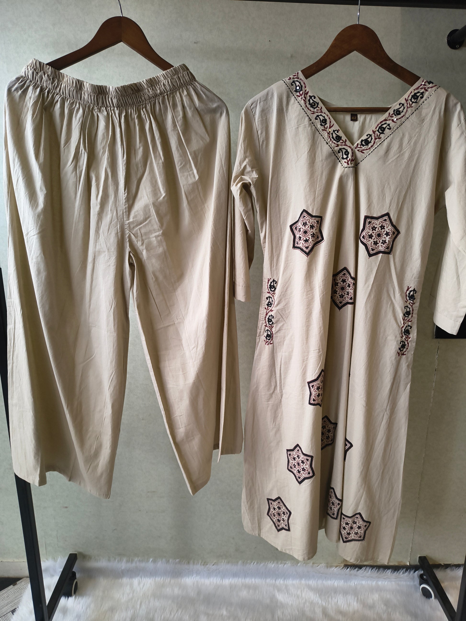 Ivory Hand Block Printed Cotton Kurta Set with Straight Pants