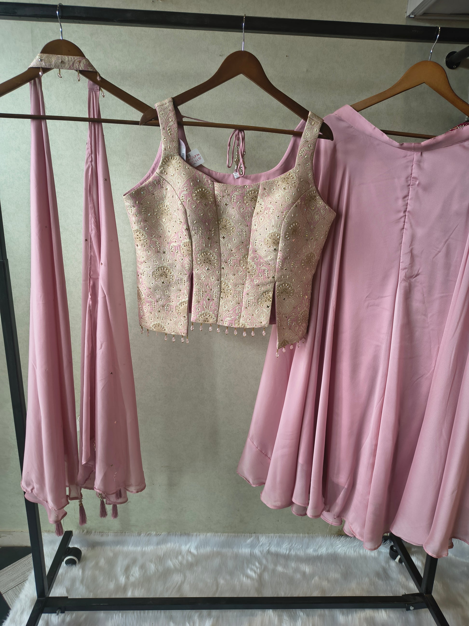 Premium Blush Pink 3-Piece Designer Lehenga Set with Brocade Embroidered Blouse & Tassel Dupatta