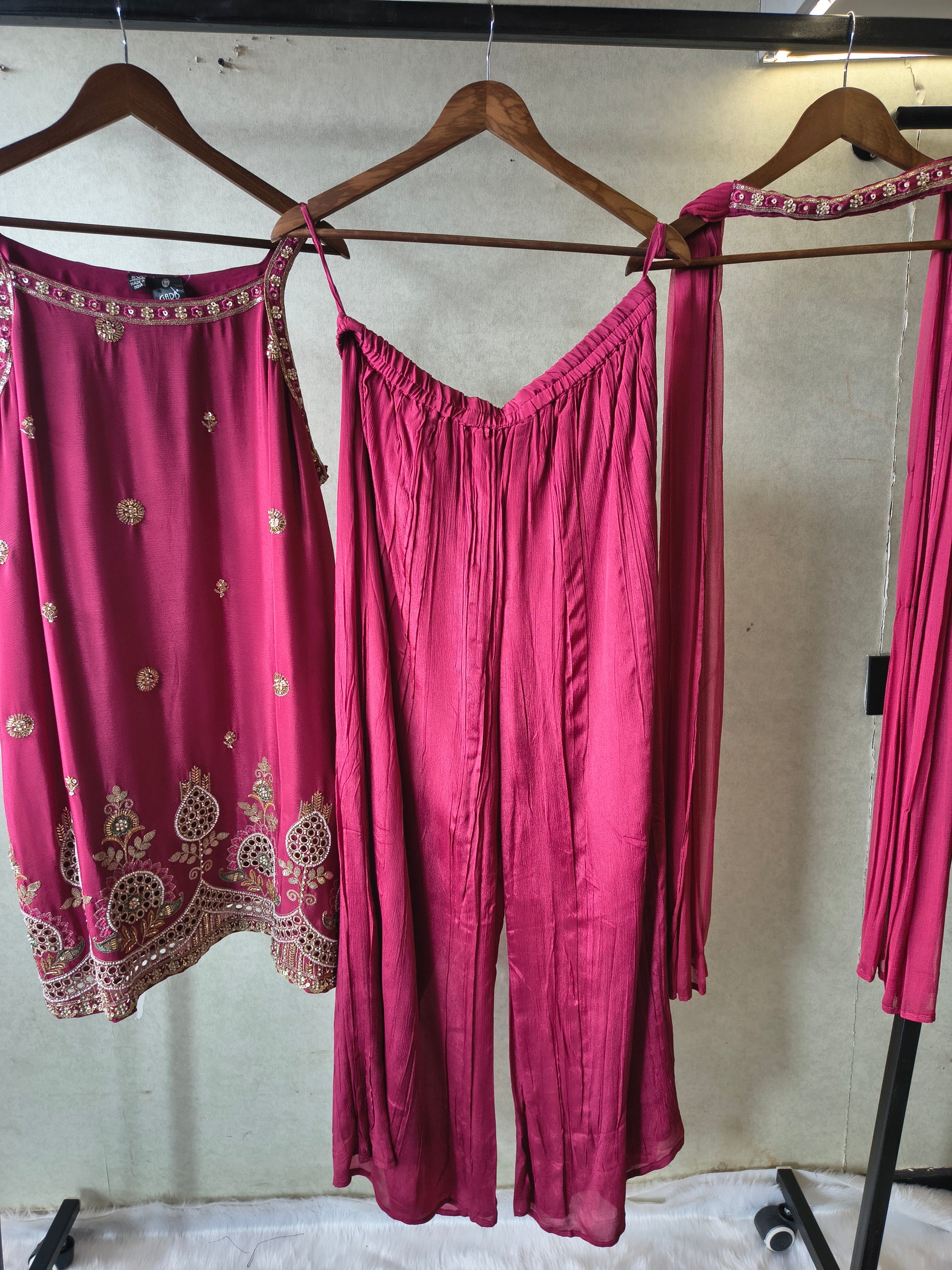 Rani Pink Hand Embroidered Kurta Set with Designer Palazzo & Embellished Dupatta – Premium 3 Piece Festive Ensemble