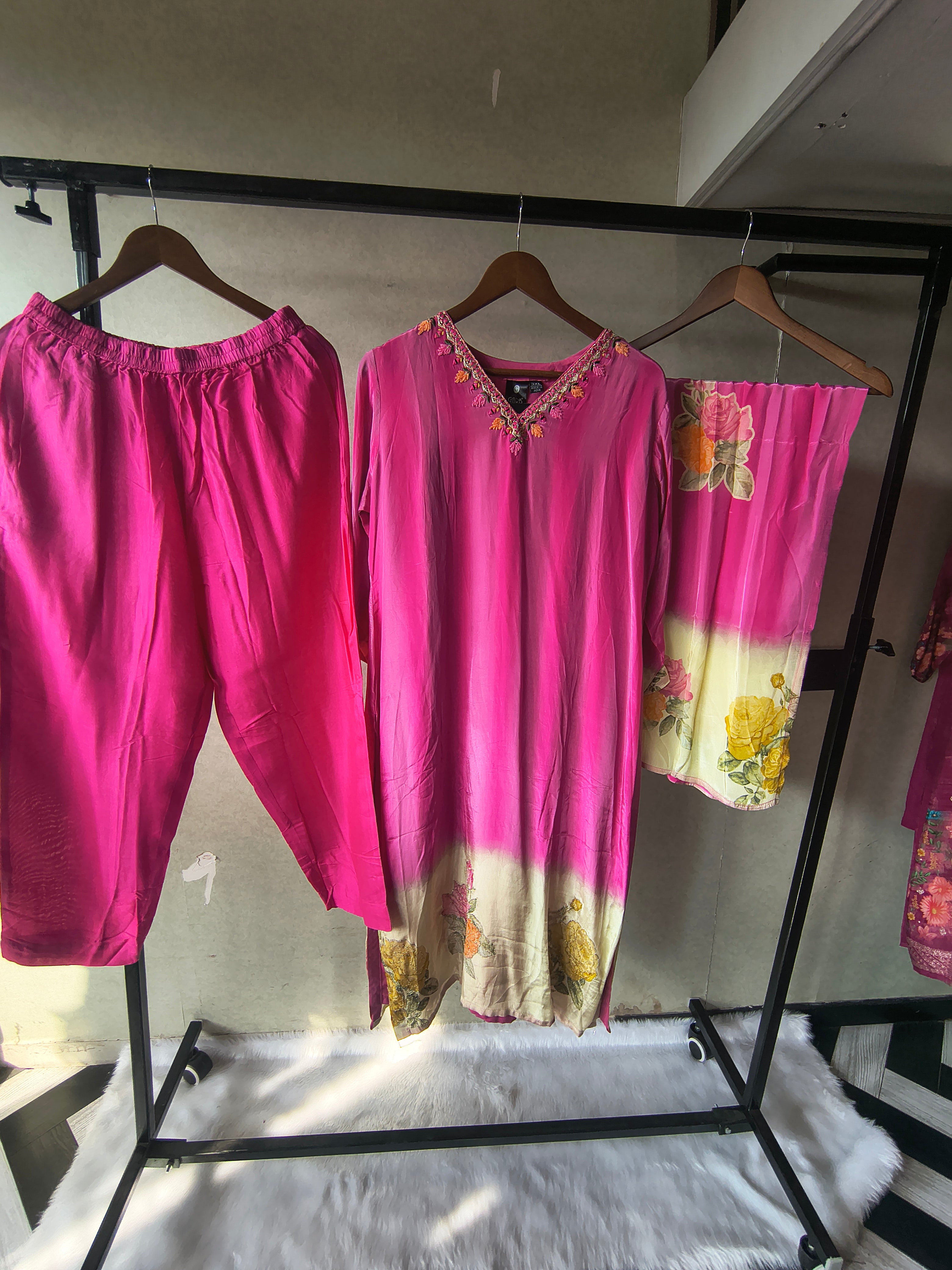 Image of Premium Fuchsia Pink Floral Embroidered Kurta Set with Printed Dupatta