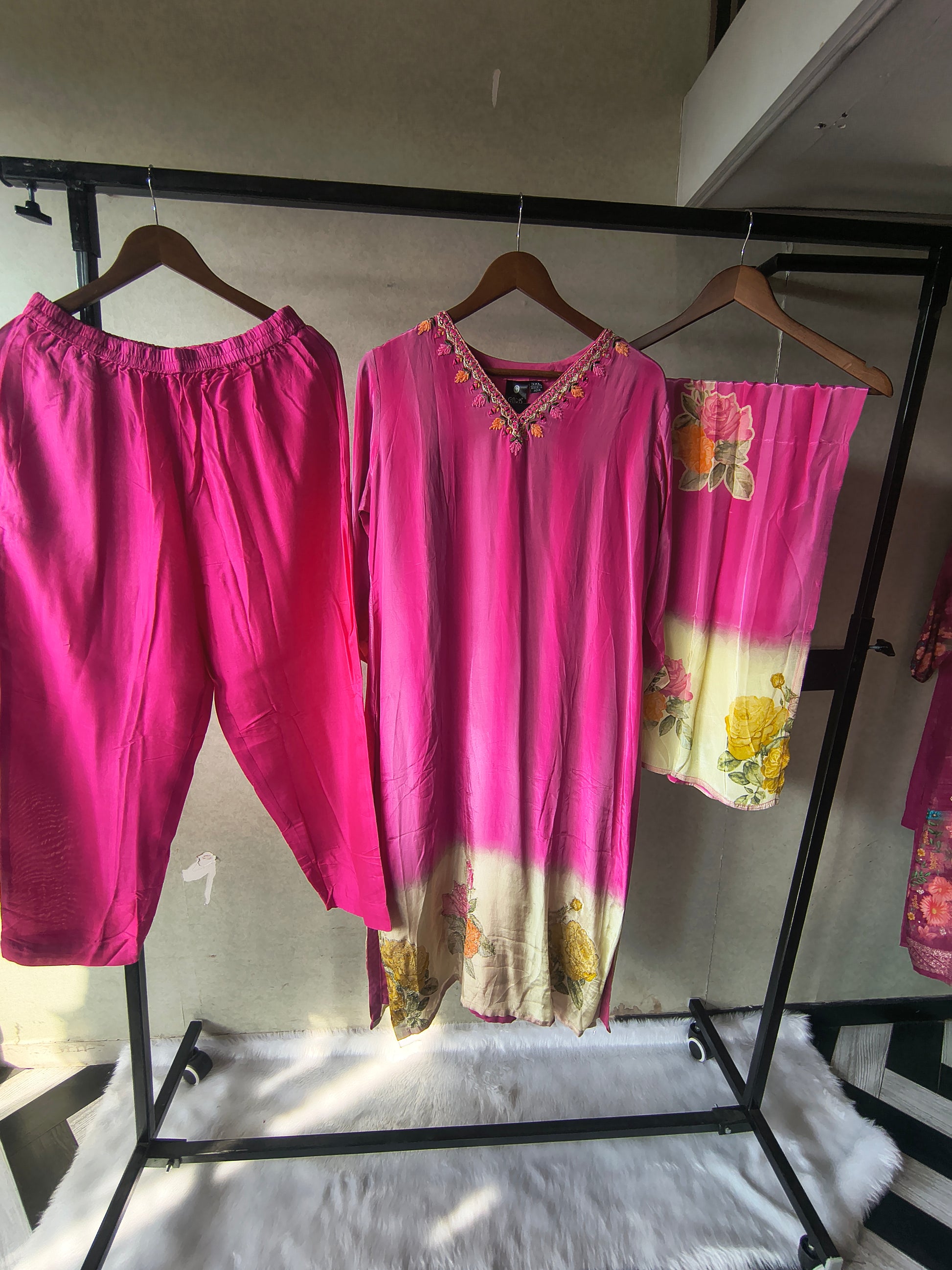 Premium Fuchsia Pink Floral Embroidered Kurta Set with Printed Dupatta