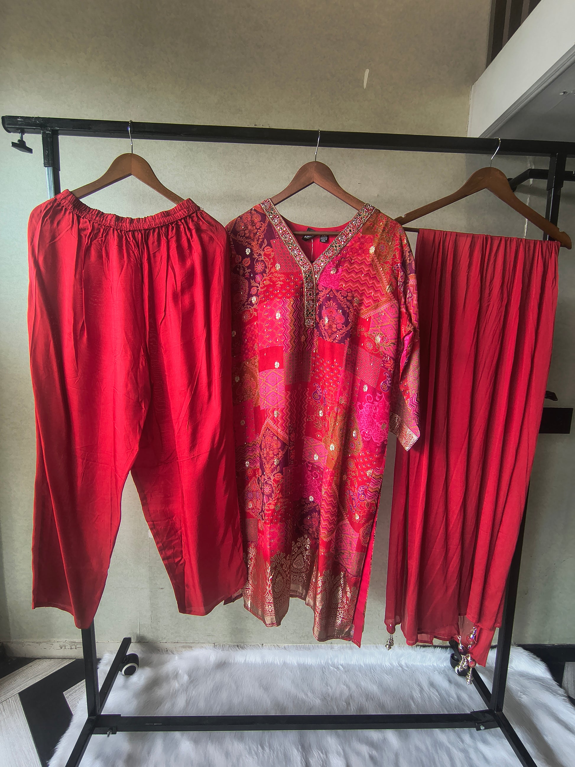 Premium Crimson Red Patchwork Printed Kurta Set with Embellished V-Neck, Solid Pants & Chiffon Dupatta