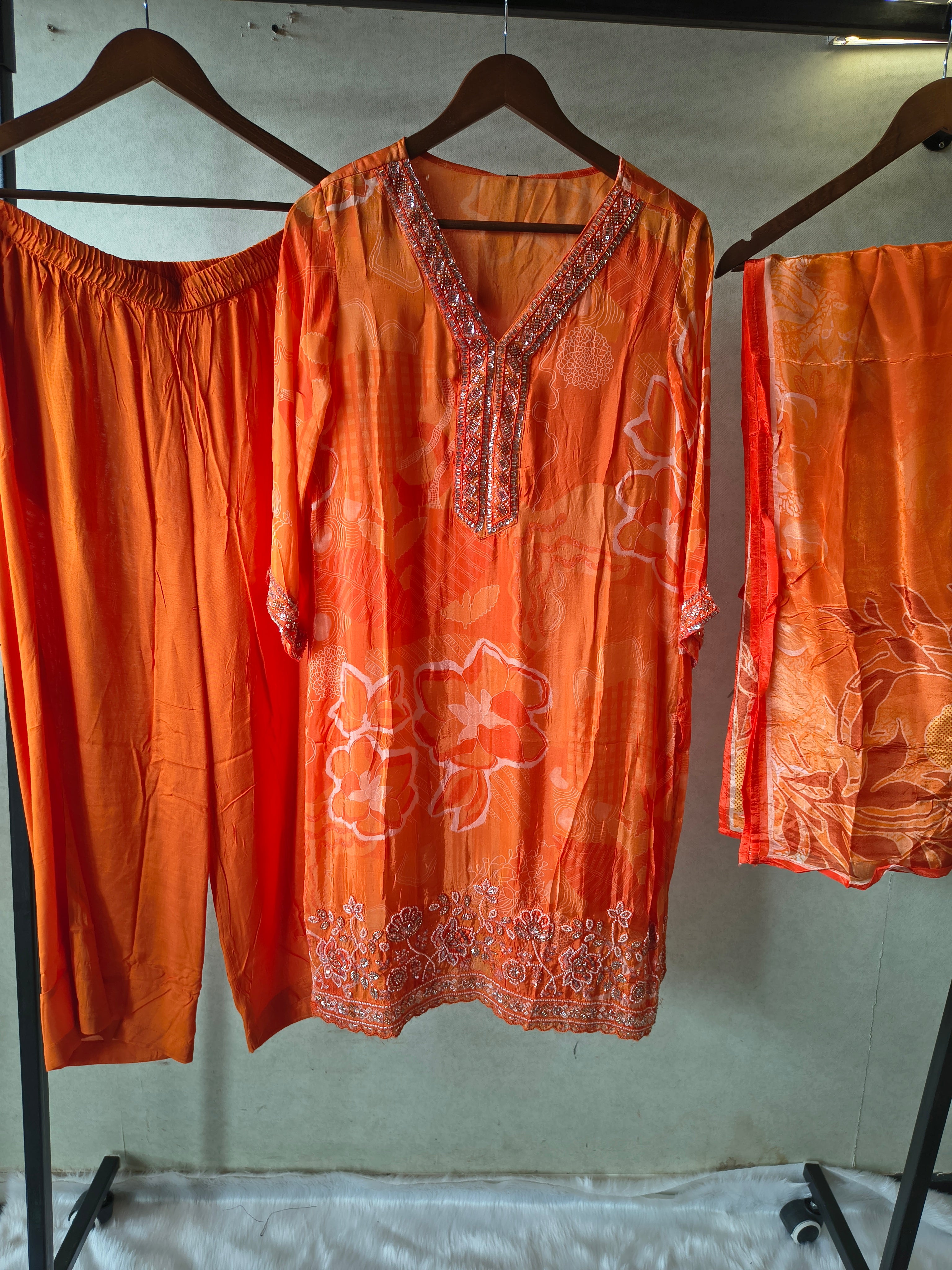 Image of Burnt Orange Printed Silk Blend Kurta Set with Embellished Neckline & Floral Border – Premium 3 Piece Ethnic Ensemble