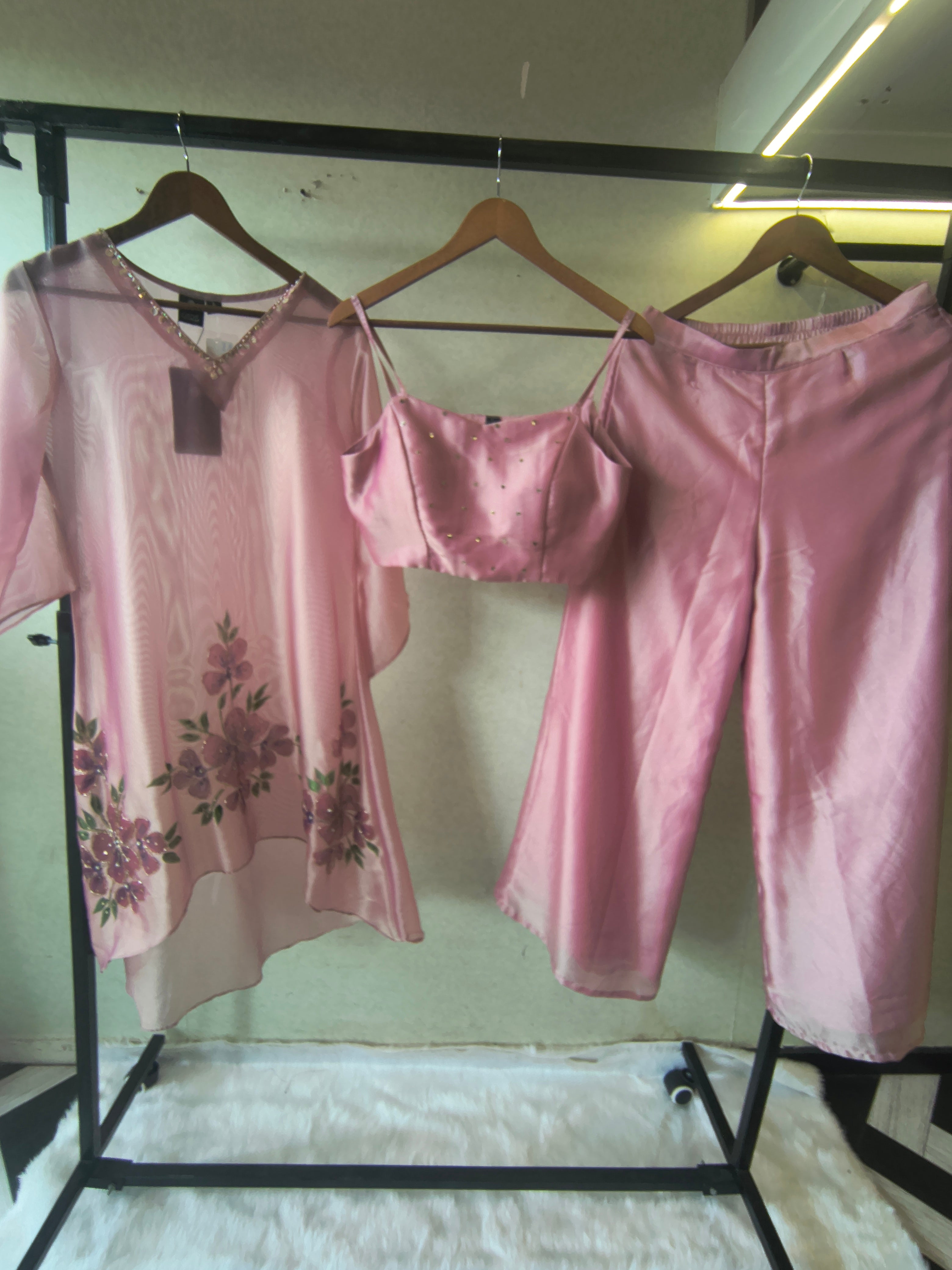 Image of Blush Pink Floral Embroidered Kaftan Co-ord Set with Hand-Painted Cape, Embellished Blouse & Palazzo