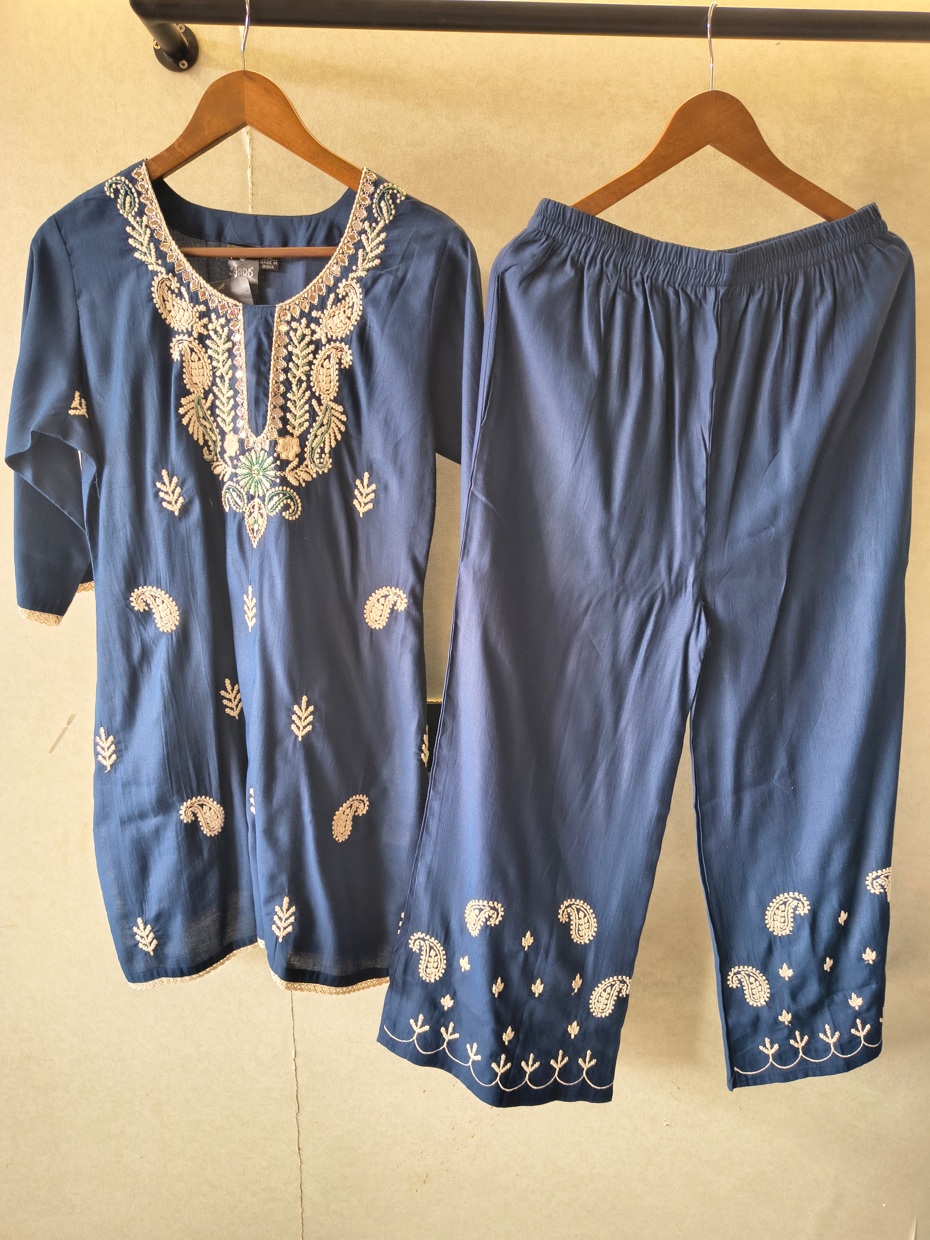 Image of Premium Navy Blue Embroidered Kurta Pant Co-Ord Set