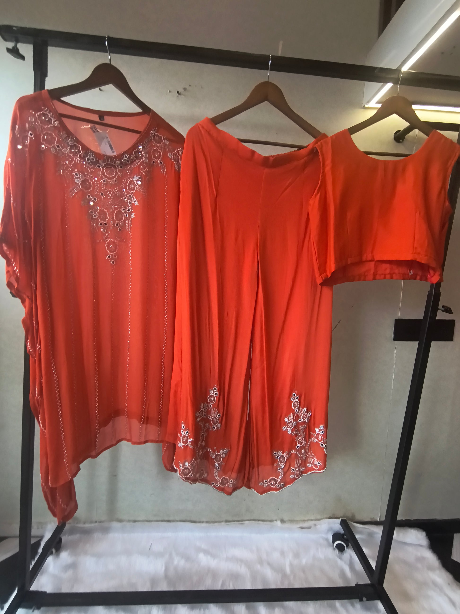 Rust Orange Embroidered Kaftan Co-Ord Set with Palazzo & Blouse – Designer 3 Piece Indo-Western Fusion Wear