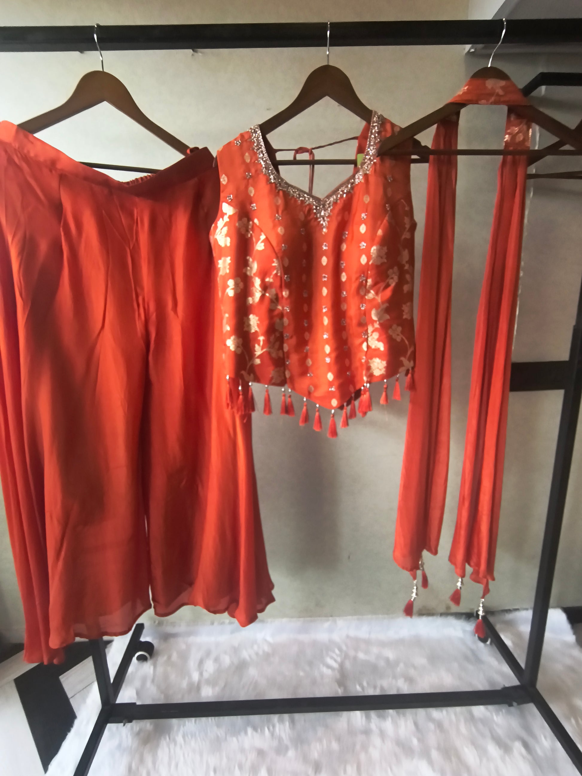 Premium Rust Orange 3-Piece Designer Lehenga Set with Zari Embroidered Peplum Blouse & Tassel Dupatta