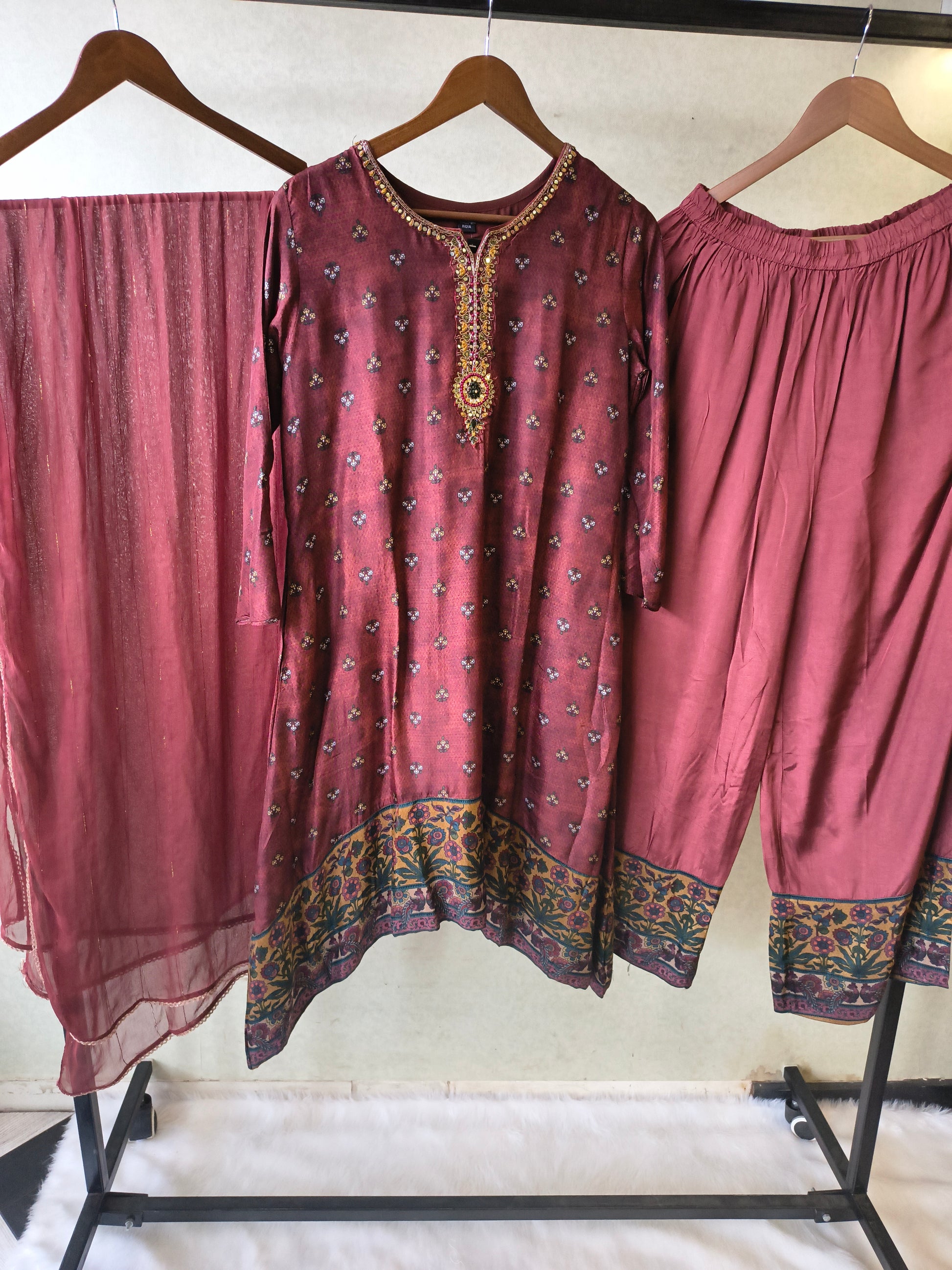 Premium Wine Floral Border Kurta with Straight Pants & Shimmer Dupatta Set