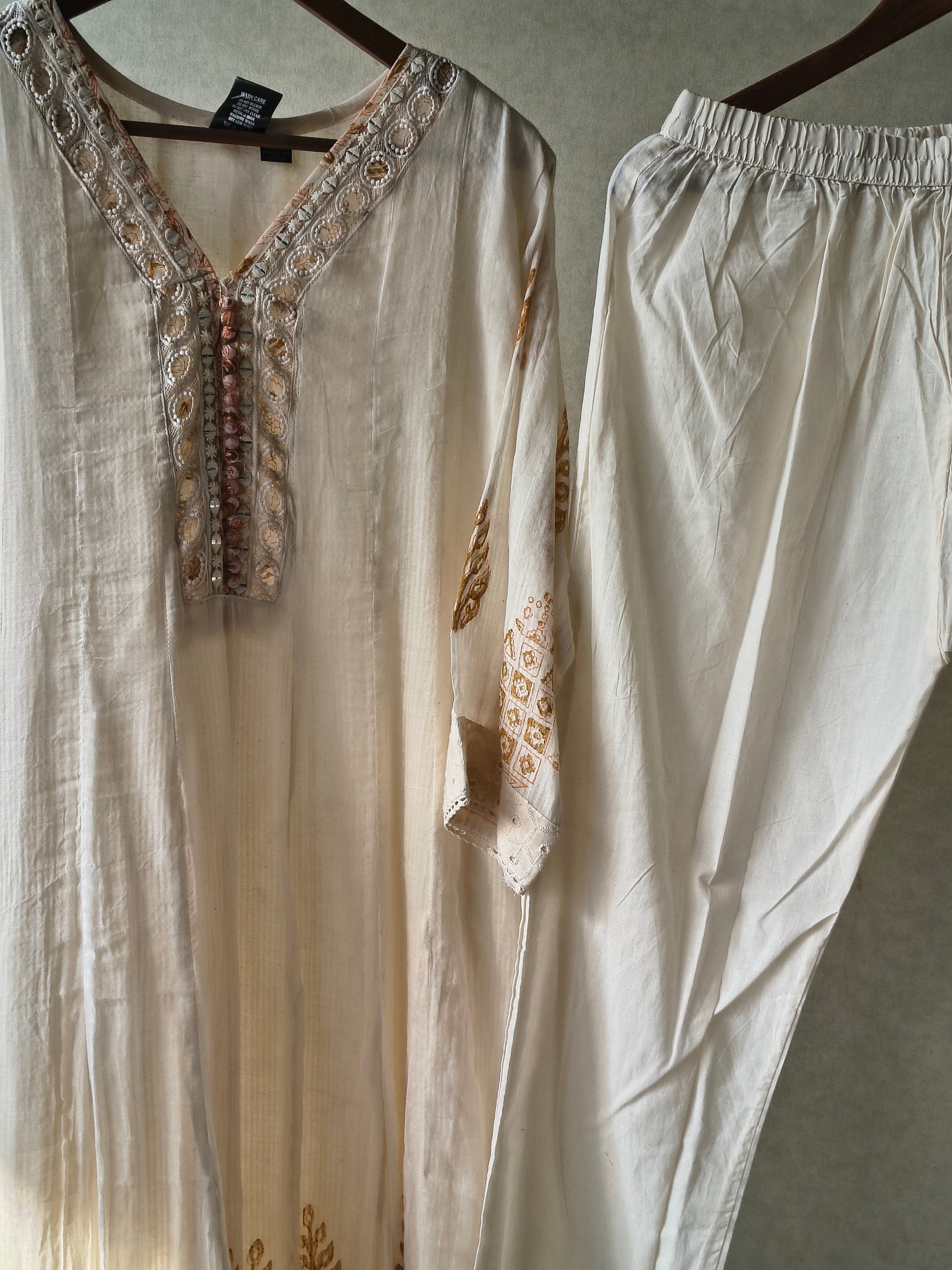 Premium Ivory Embroidered Anarkali Kurta Set with Mirror Work & Cotton Dupatta